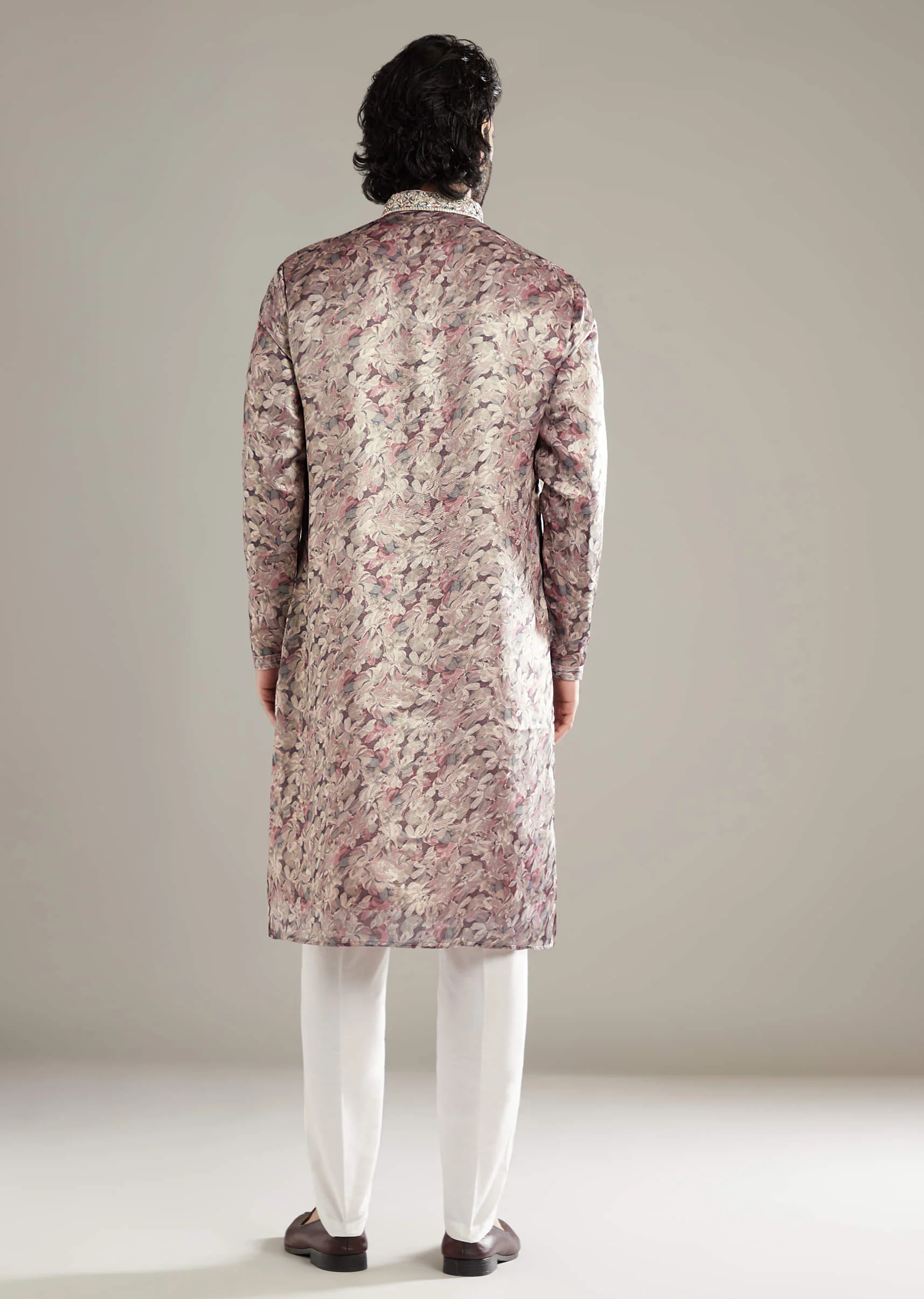 Purple Silk Kurta Set For Men With Floral Print Mirror And Resham Work - Image 3