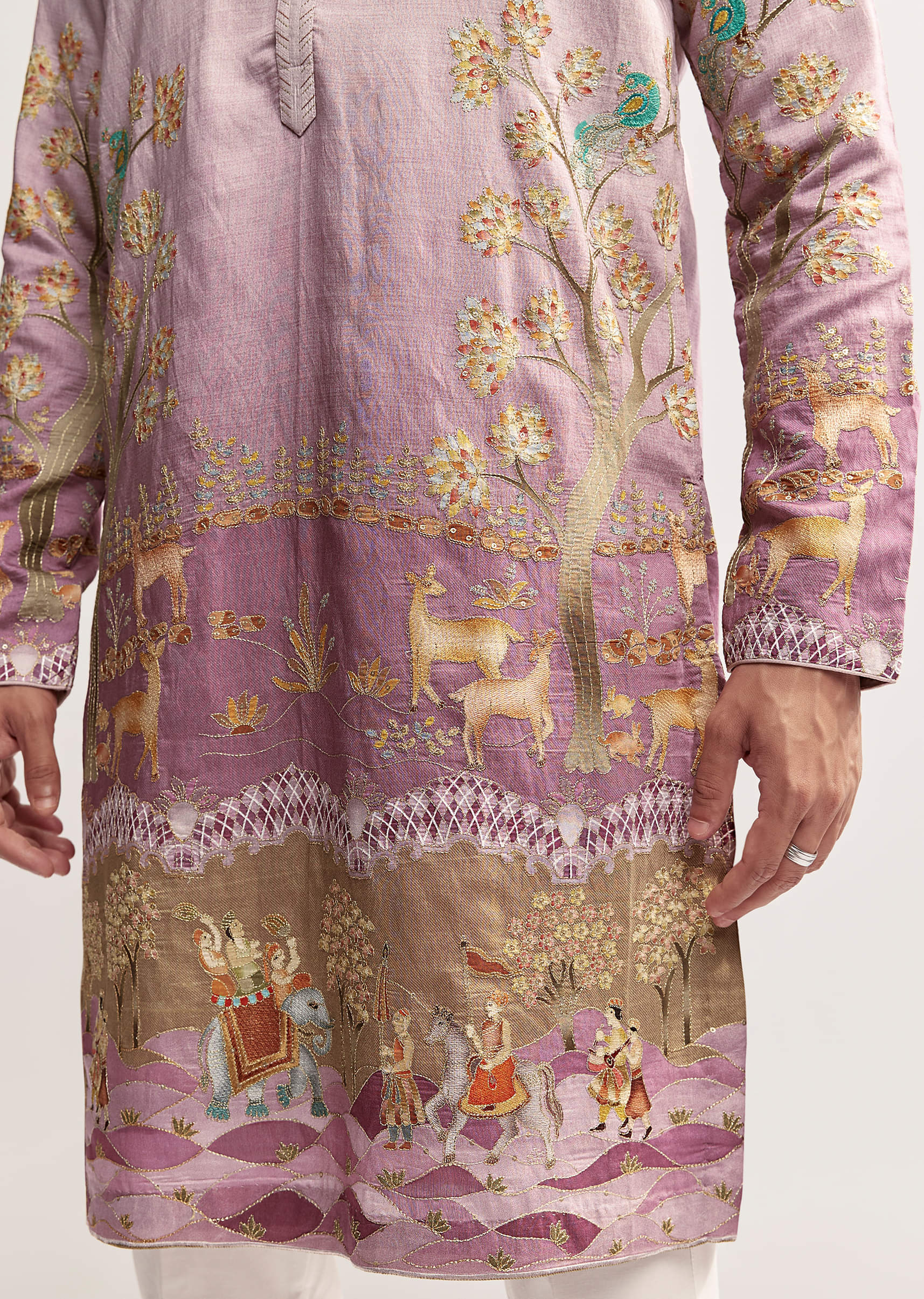 Purple Silk Kurta Set For Men With Mughal Print - Image 2