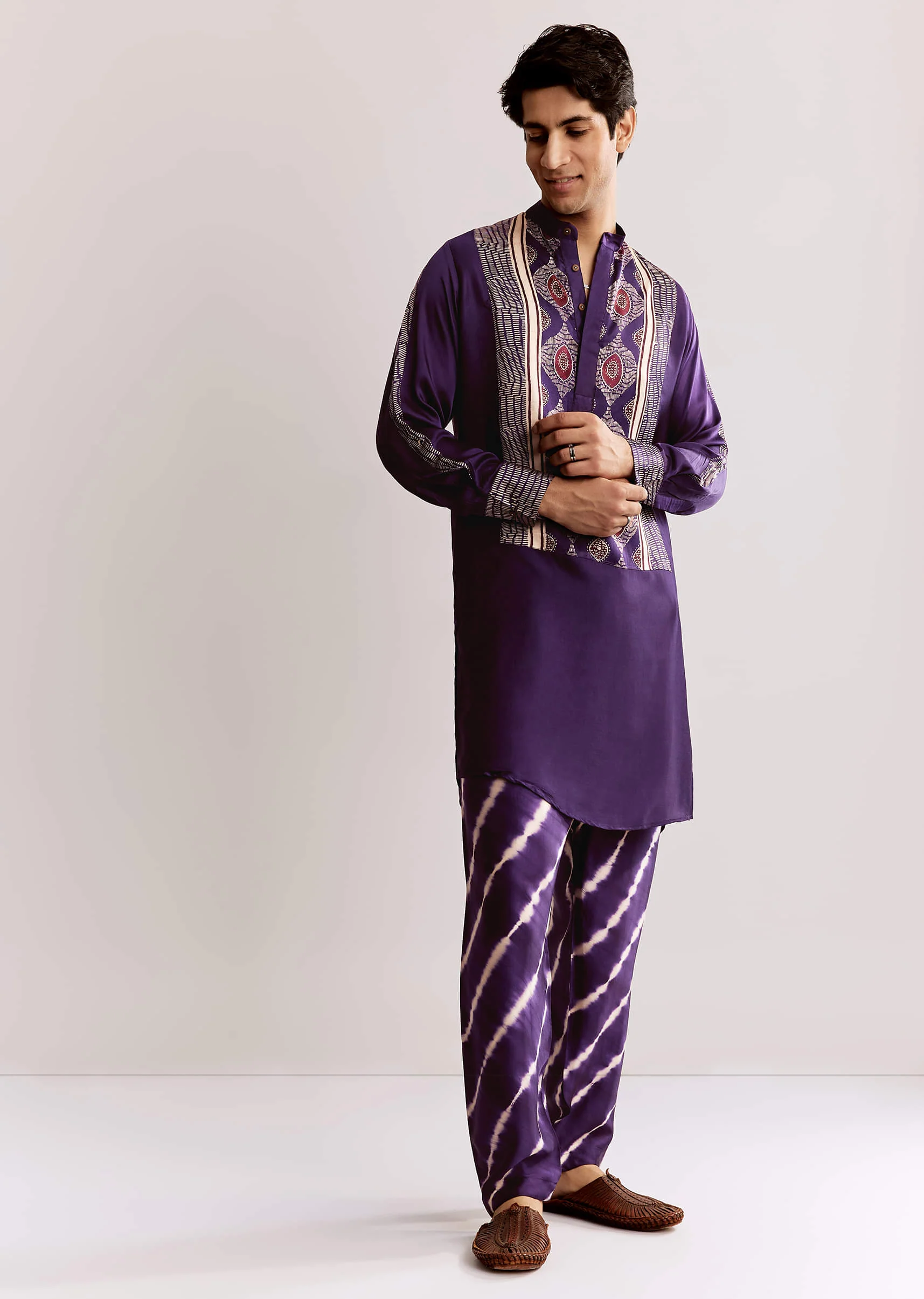 Purple Silk Kurta Set With Ajrakh Print - Image 4
