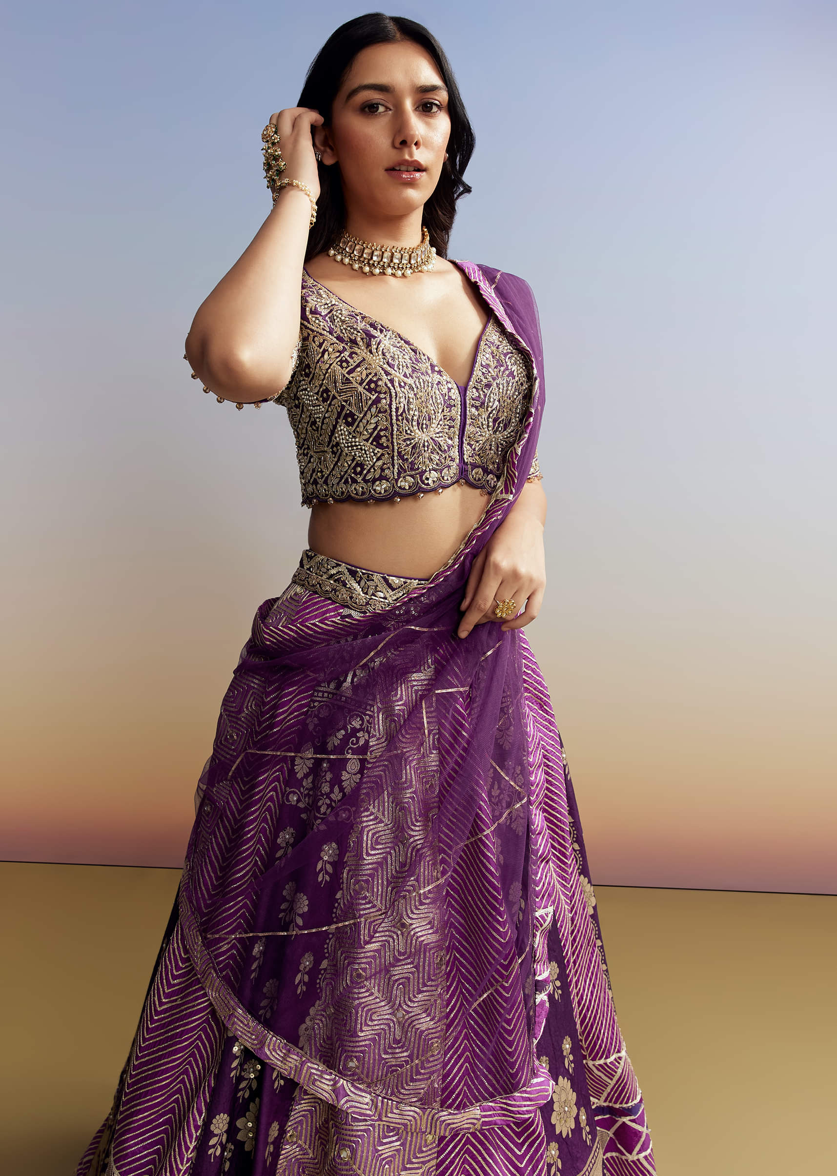 Purple Silk Lehenga with Embellished Choli - Image 4