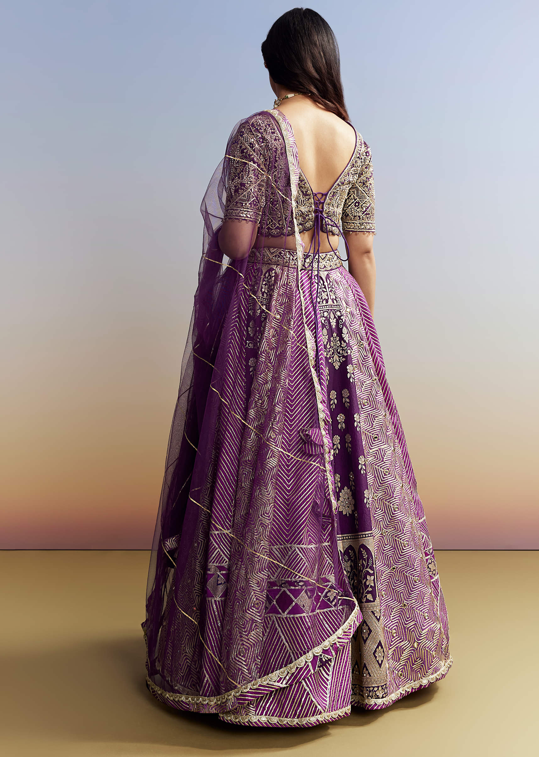 Purple Silk Lehenga with Embellished Choli - Image 5