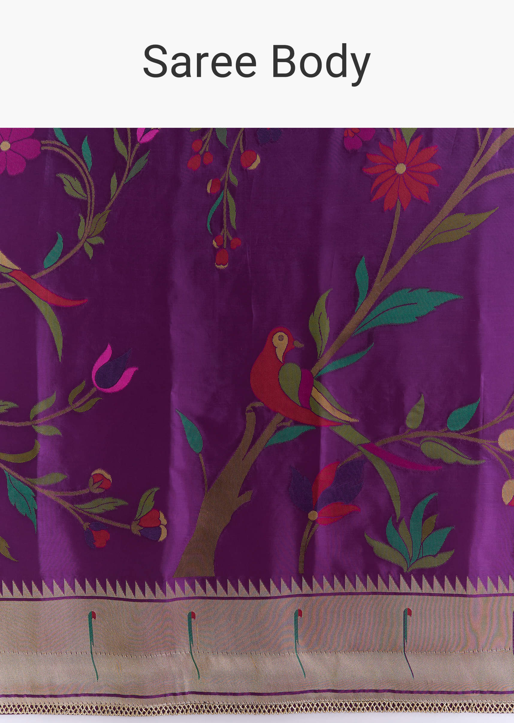 Purple Silk Muniya Paithani Saree With Booti And Zari Work - Image 9