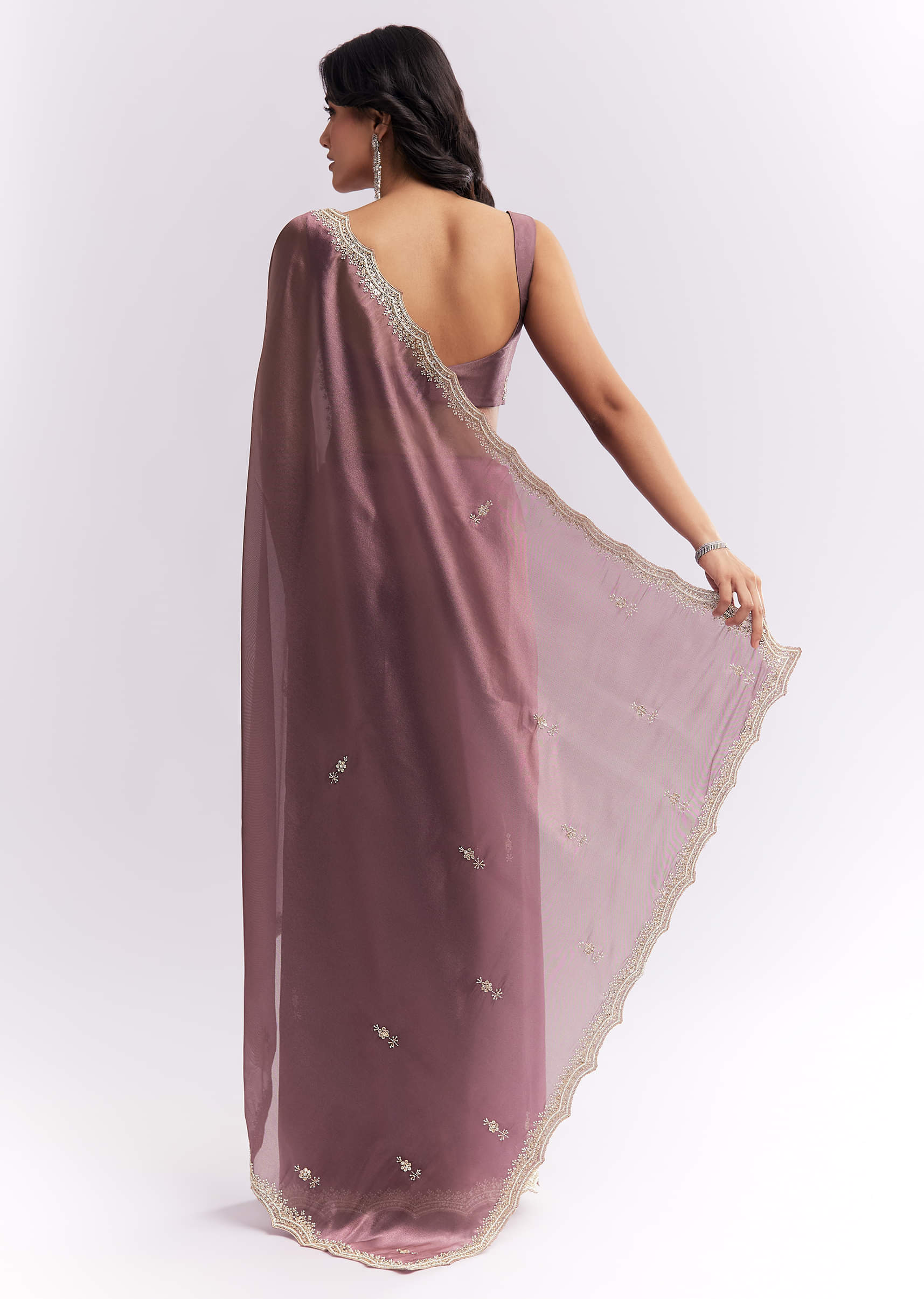 Purple Silk Organza Saree With Heavy Hand Embroidery - Image 4
