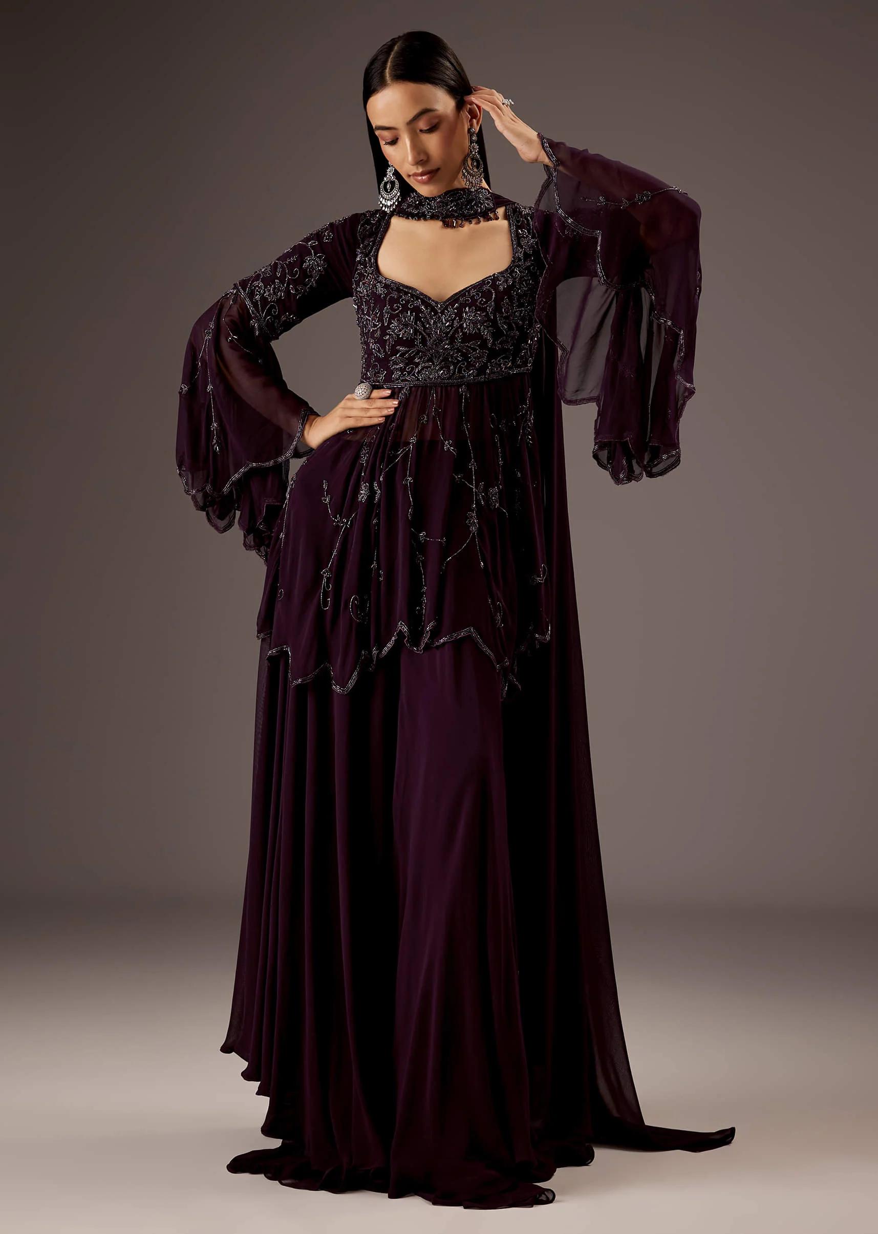 Purple Silk Palazzo Suit With Elegant Hand Work - Image 4