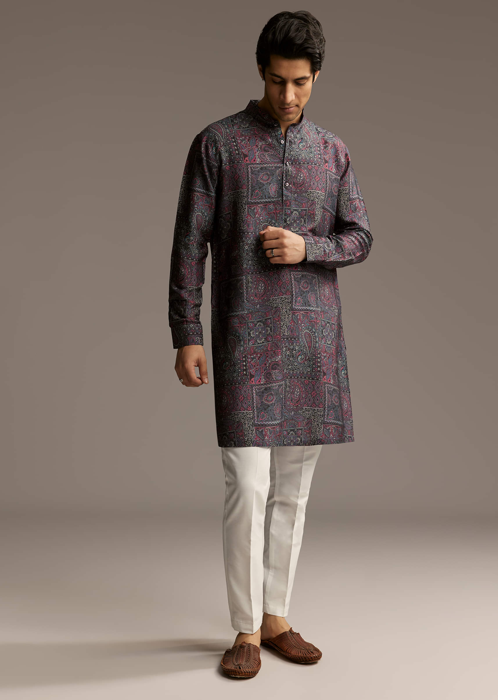 Purple Silk Printed Designer Kurta For Men - Image 4