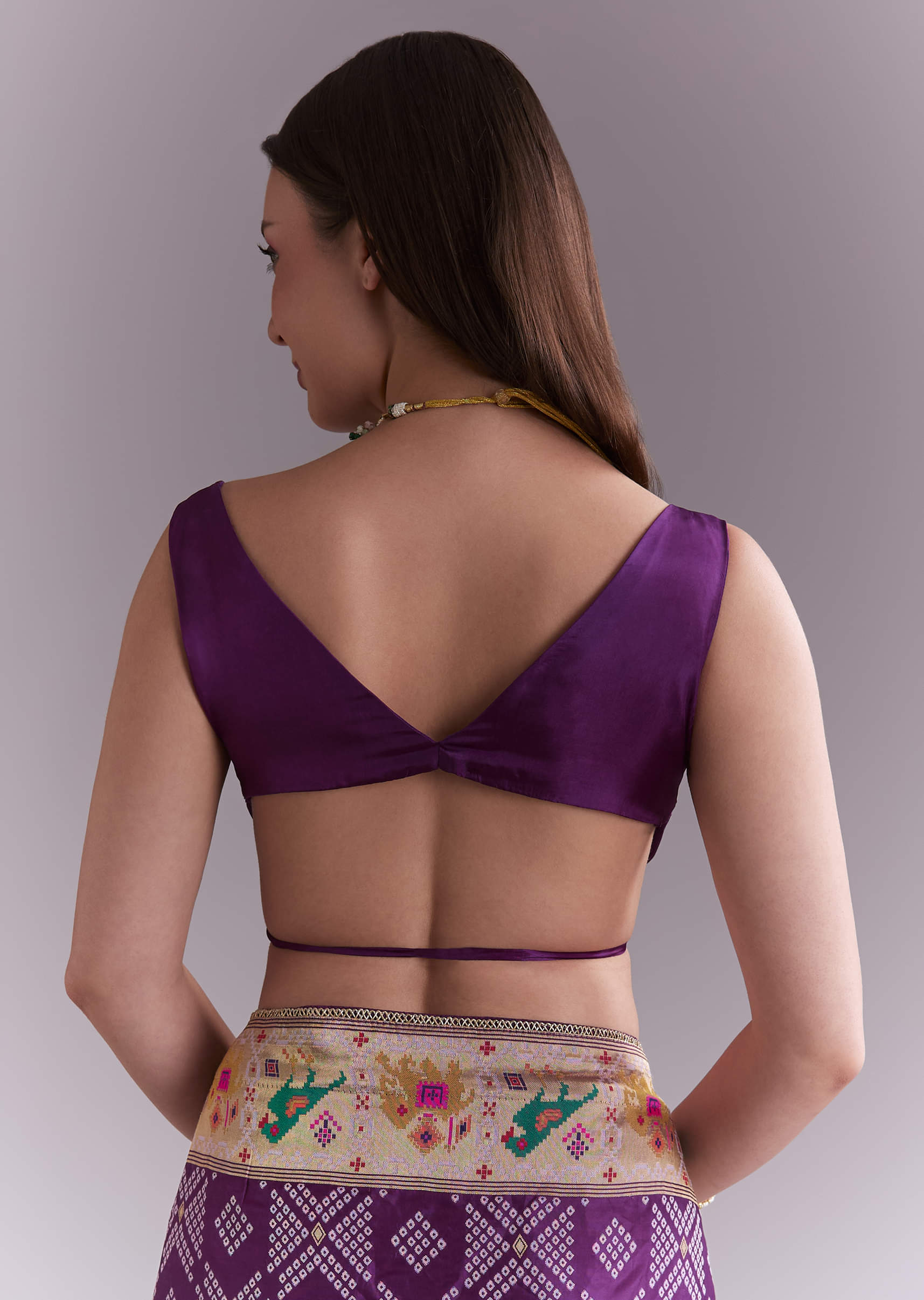 Purple Silk Saree With Zari Border And Multicolour Motifs - Image 8