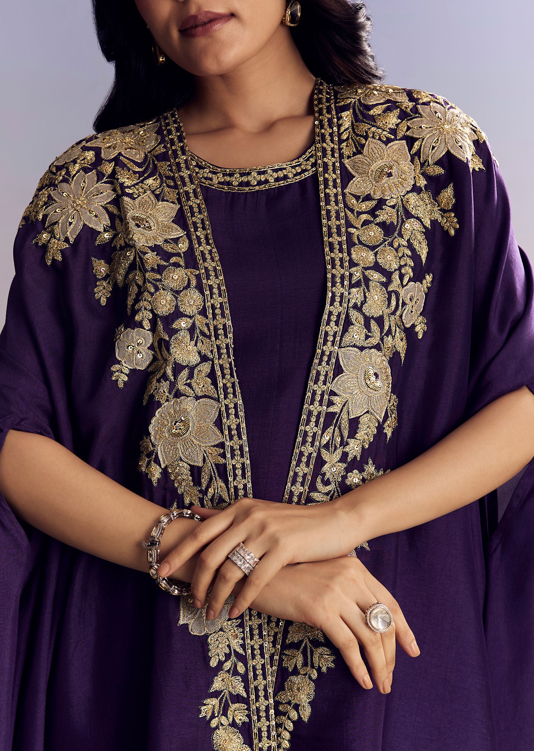 Purple Silk Sharara With Zari Cape - Image 2