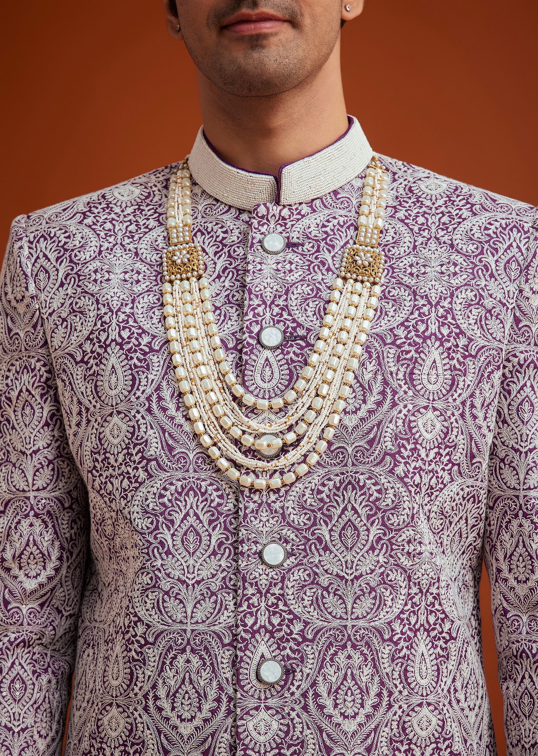 Purple Silk Sherwani Set With Bead Work - Image 2