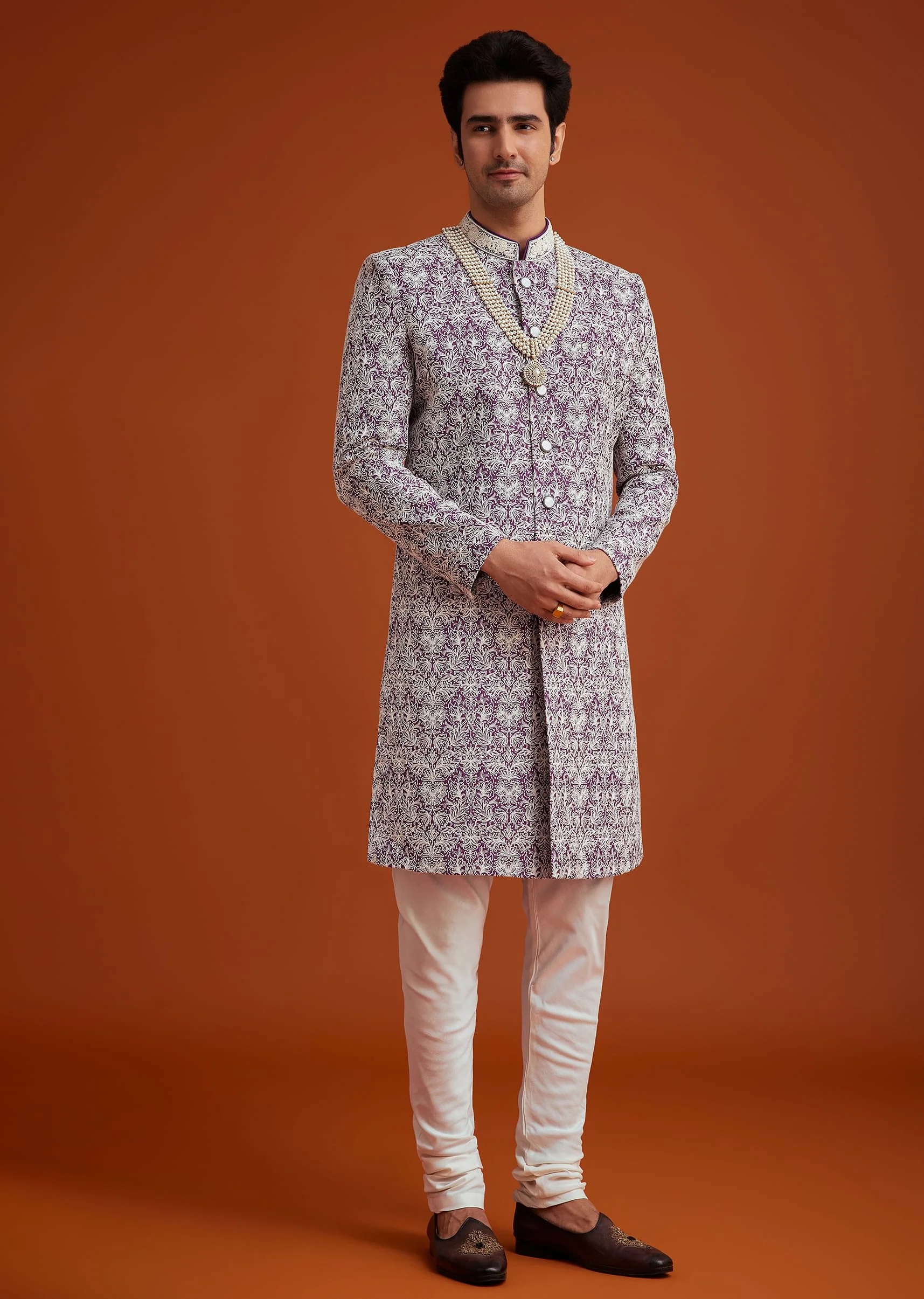 Purple Silk Sherwani Set With Bead Work And Embroidery - Image 2