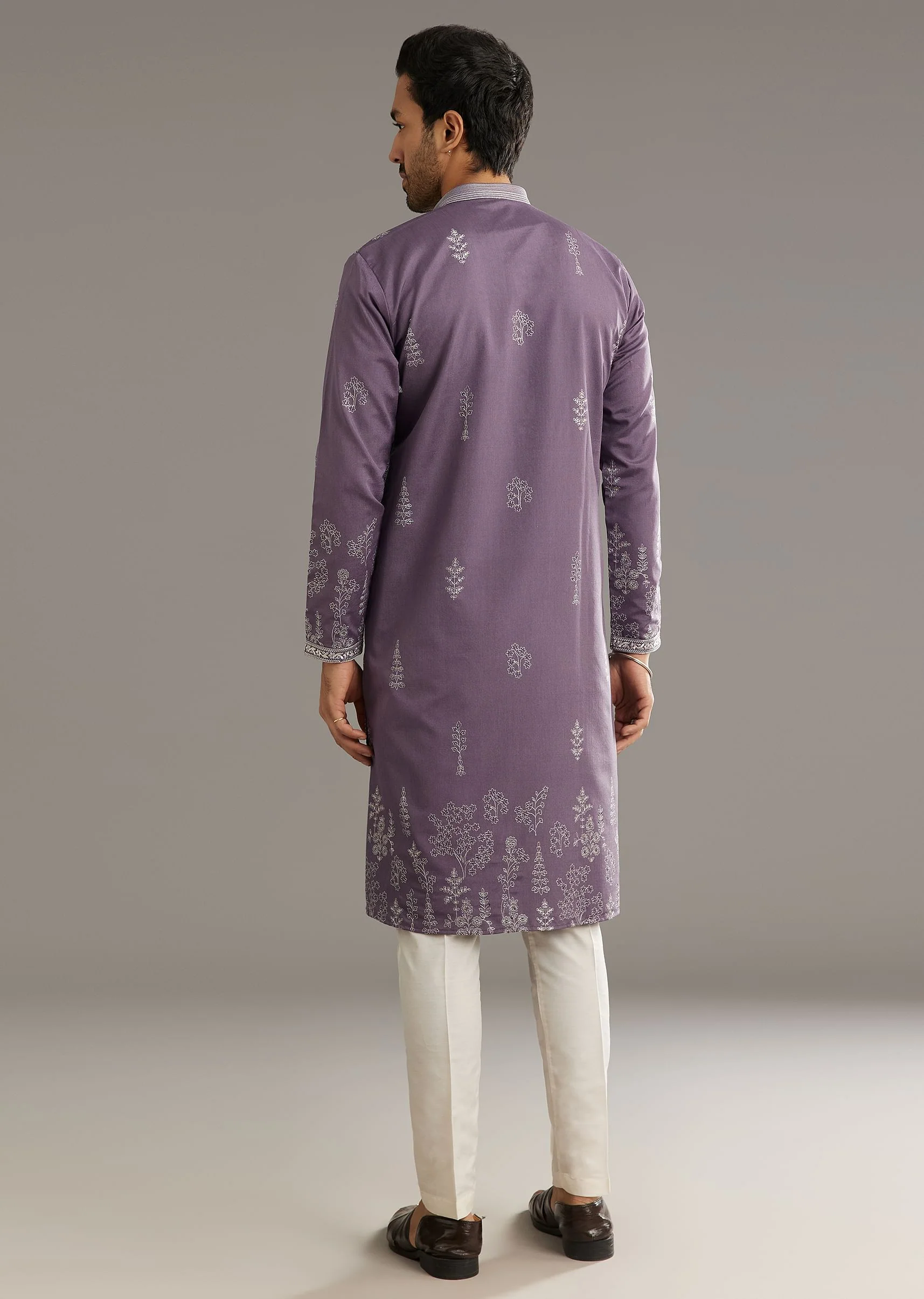 Purple Silk Vine Motif Threadwork Kurta Set - Image 5