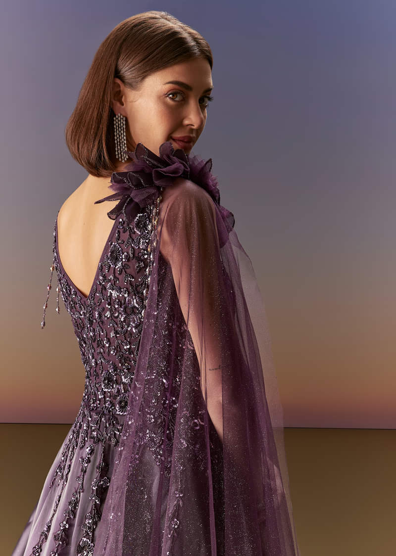 Purple Sleeveless Gown With Floral Shoulder Embroidery And Trail - Image 6