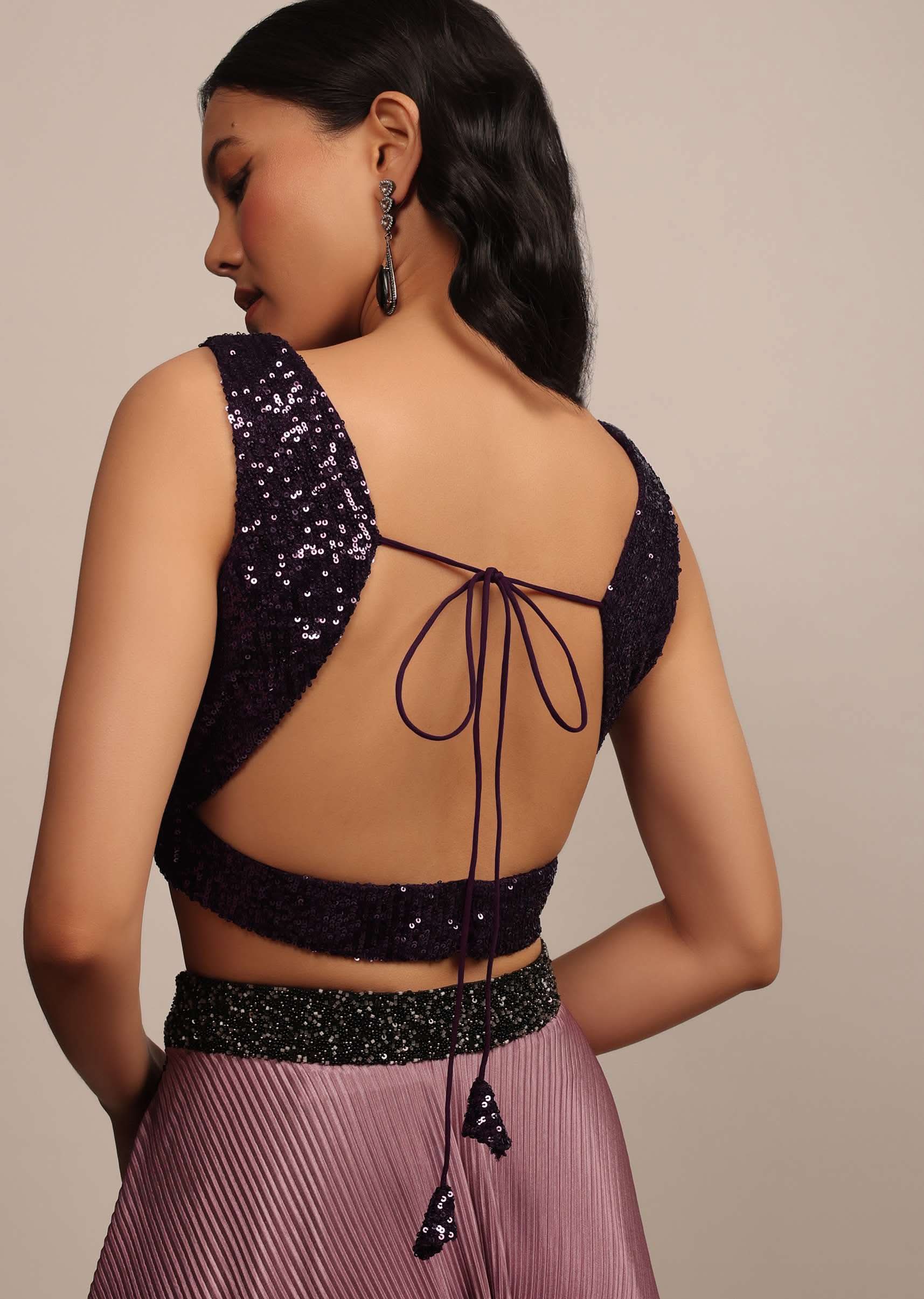 Purple Sleeveless Sequins Blouse With Sweetheart Neckline - Image 2