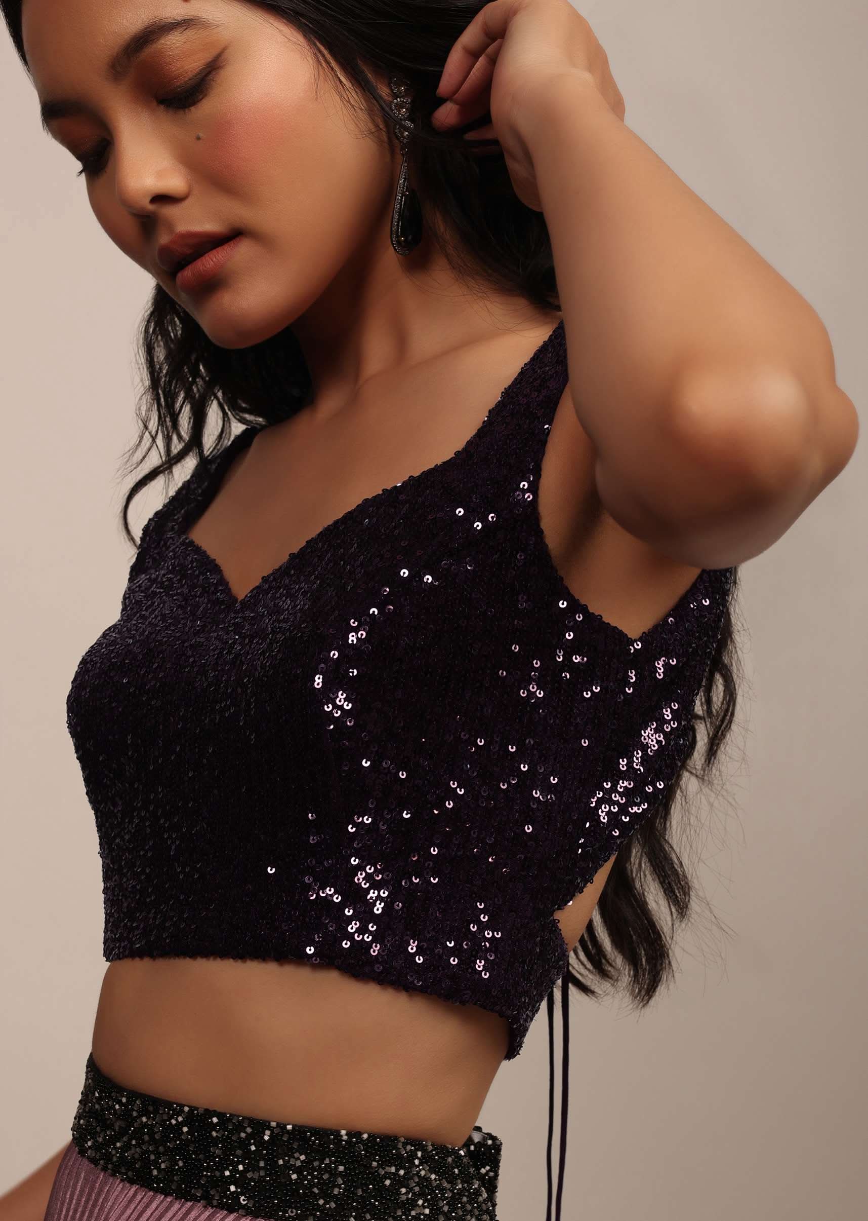 Purple Sleeveless Sequins Blouse With Sweetheart Neckline - Image 3