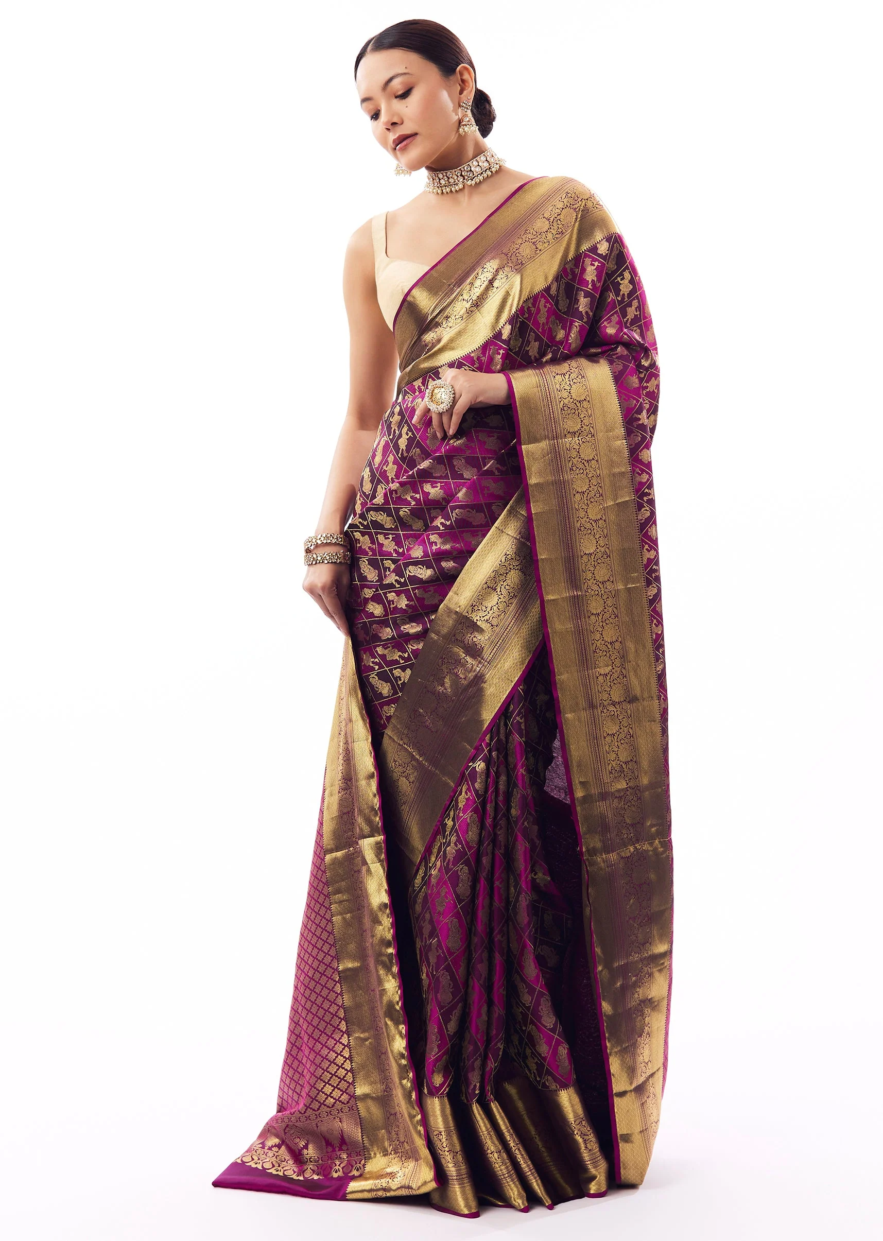 Purple South Silk Woven Saree With Geometric Weave And Antique Gold Border - Image 3
