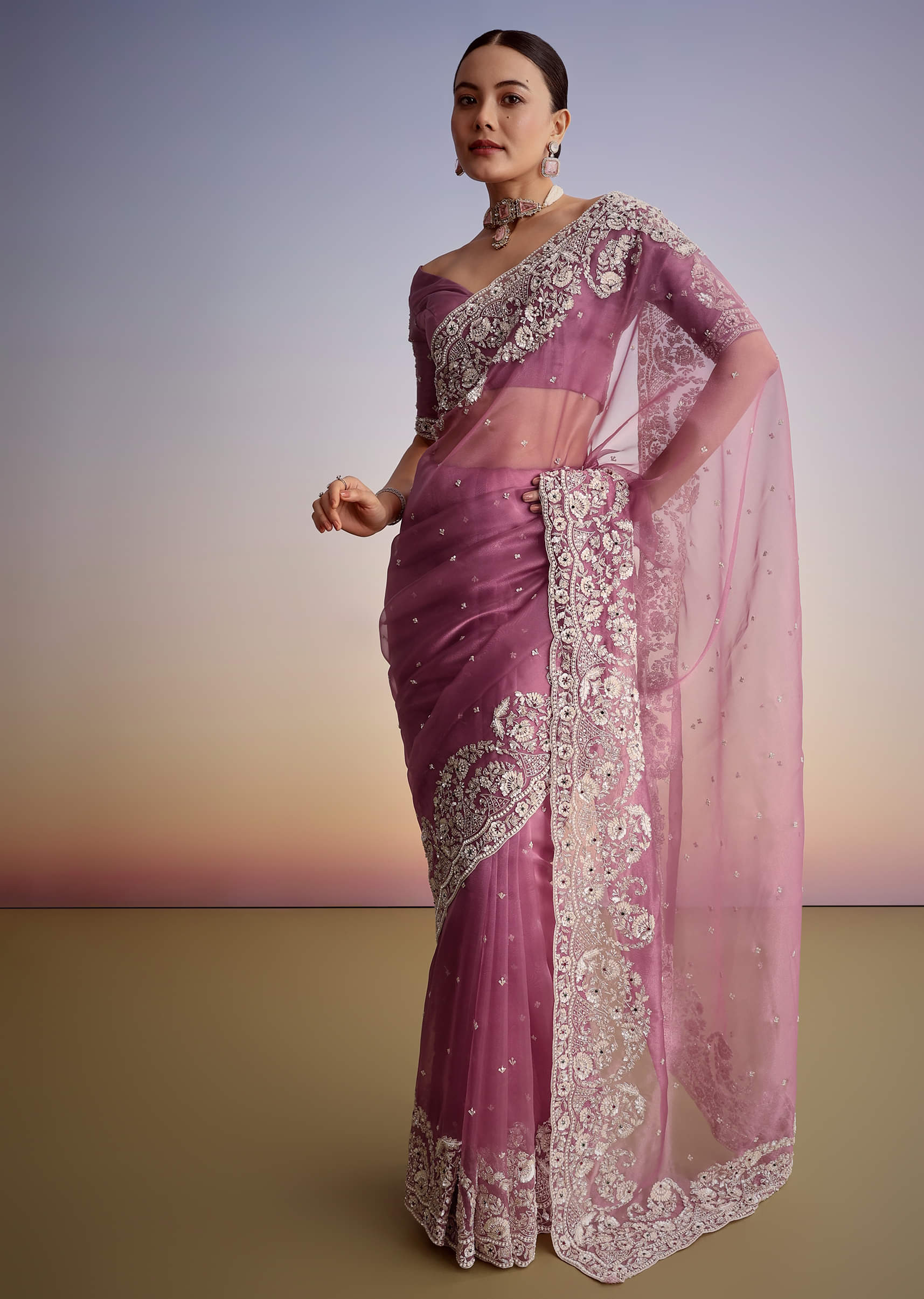 Purple Tissue Embellished Saree With Floral Embroidery All Over - Image 5
