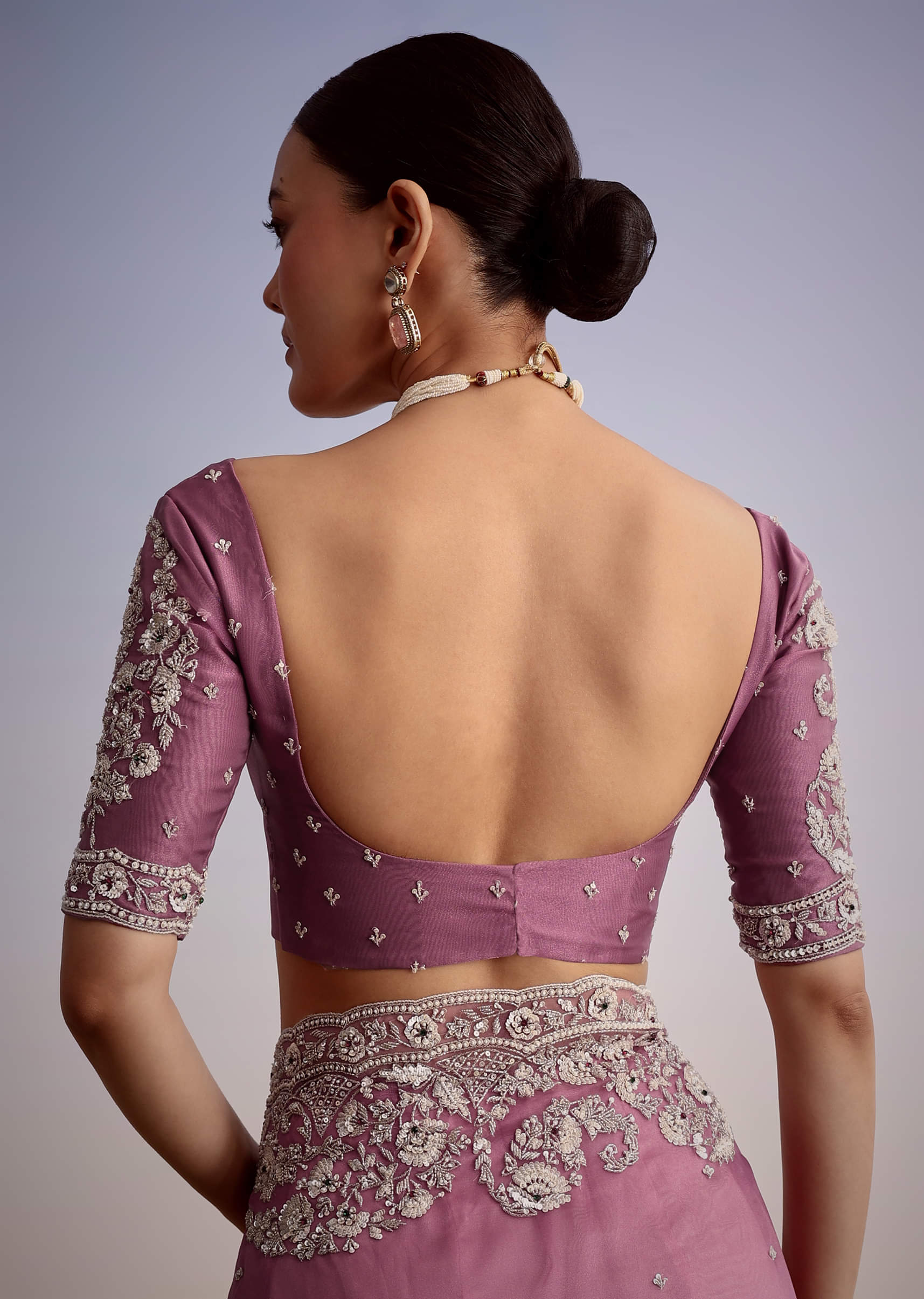 Purple Tissue Embellished Saree With Floral Embroidery All Over - Image 8