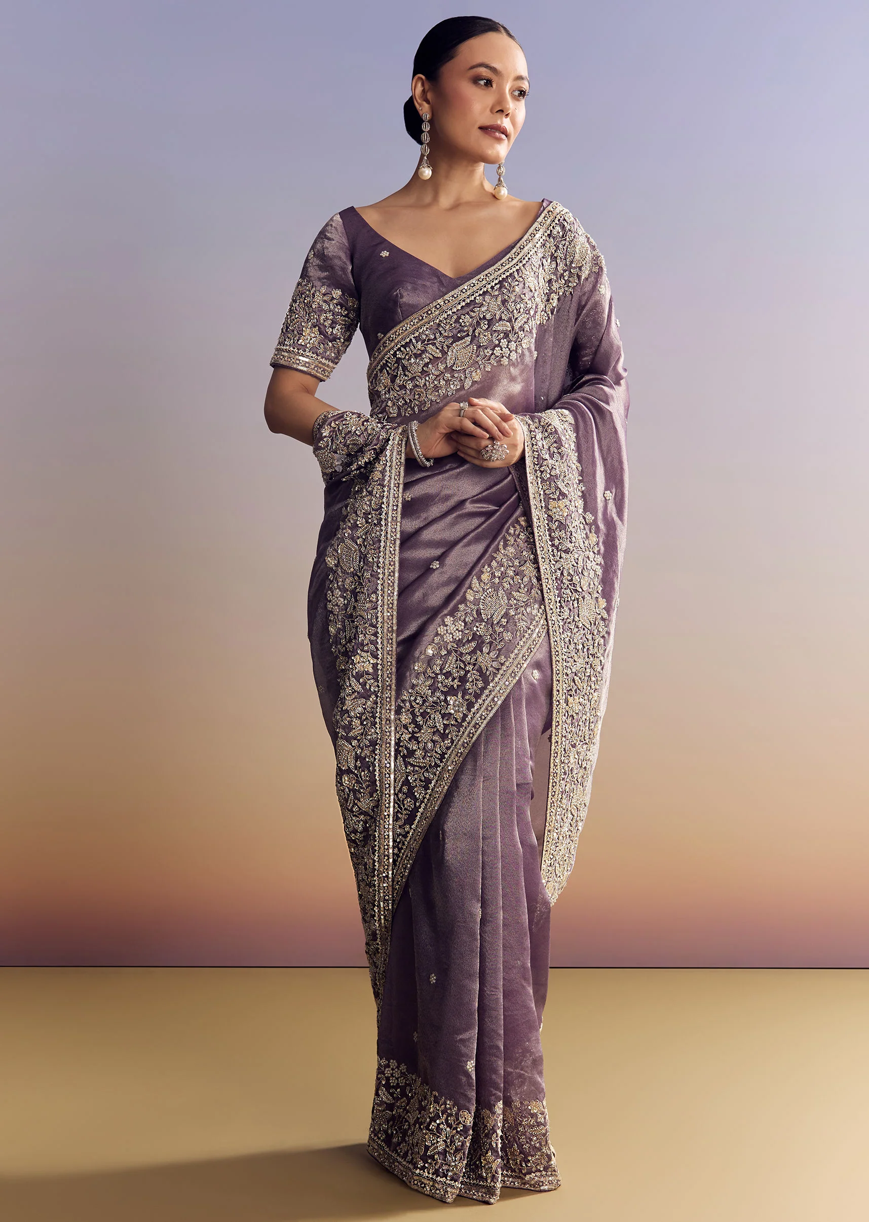 Purple Tissue Saree With Heavy Floral Embroidered Border - Image 3