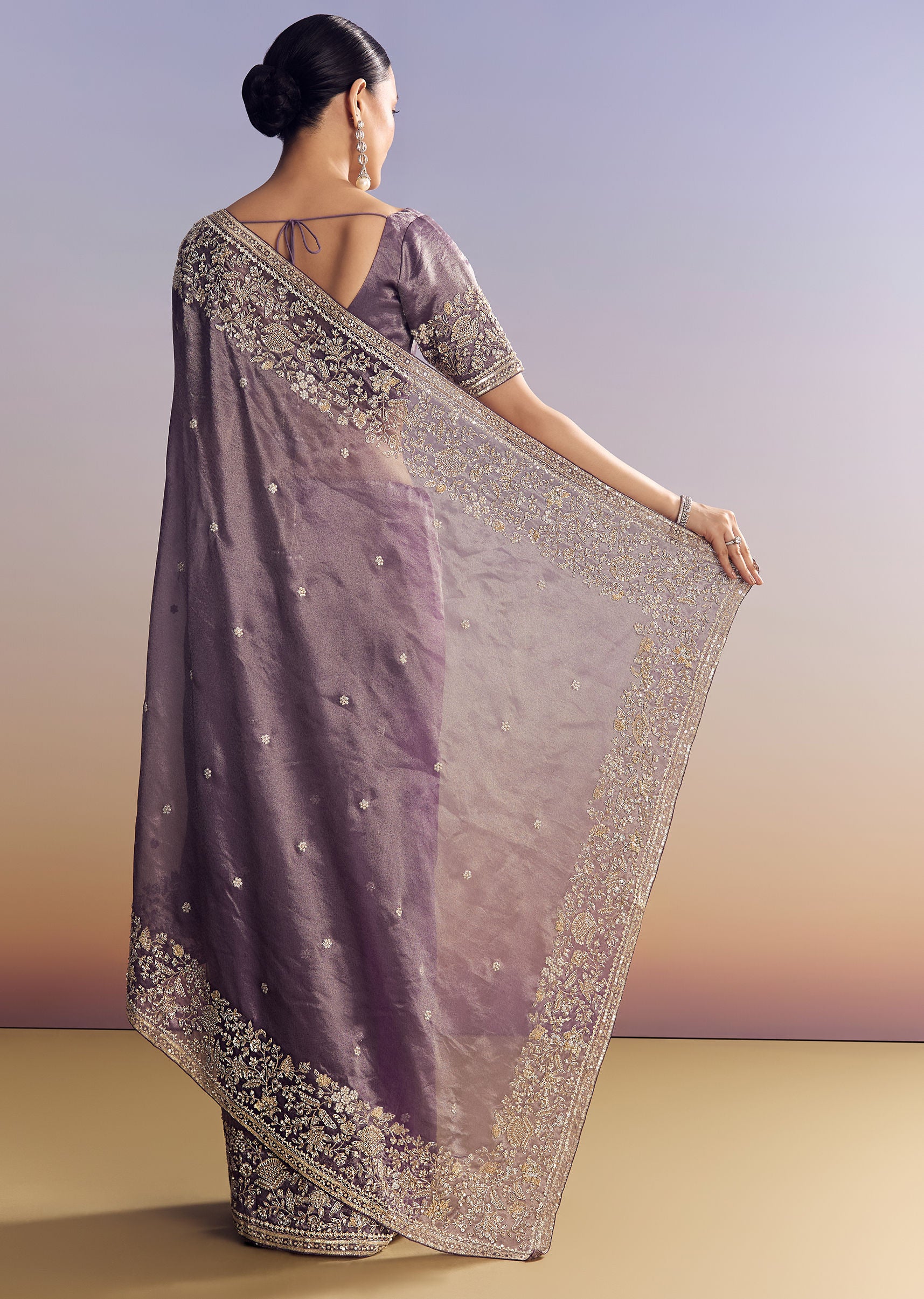 Purple Tissue Saree With Heavy Floral Embroidered Border - Image 4