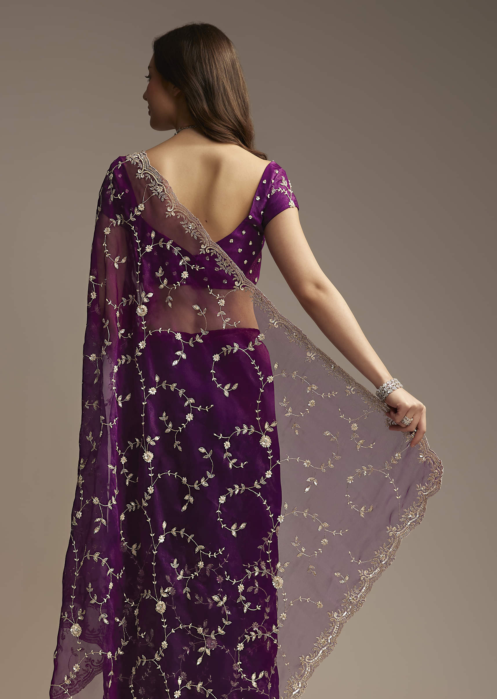 Purple Tissue Saree with Heavy Floral Embroidery - Image 3