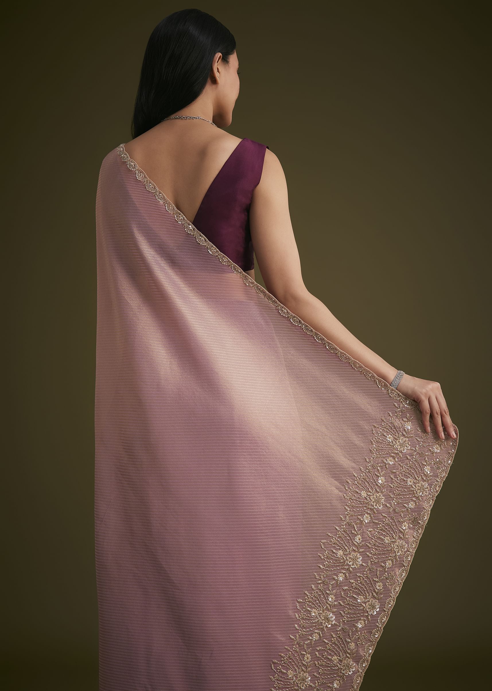 Purple Tissue Sequins Saree With Contrast Blouse - Image 4