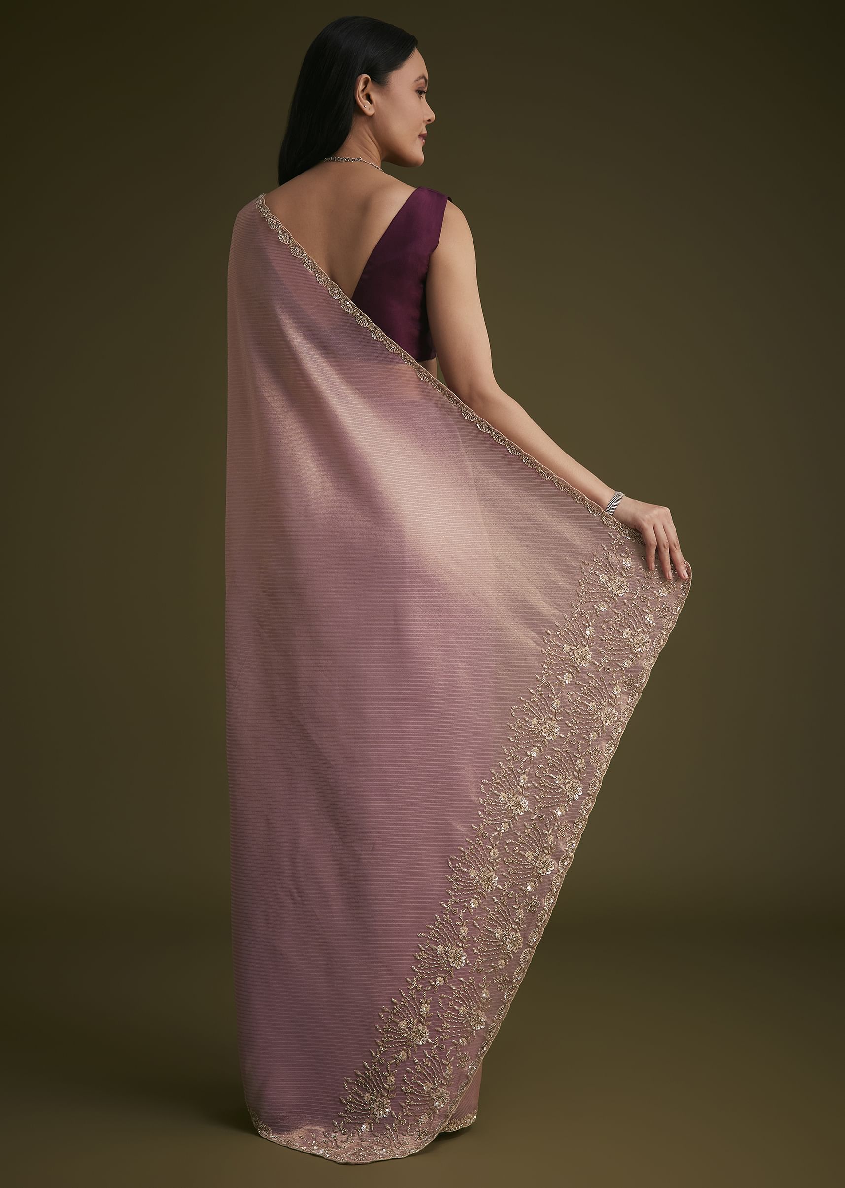 Purple Tissue Sequins Saree With Contrast Blouse - Image 6