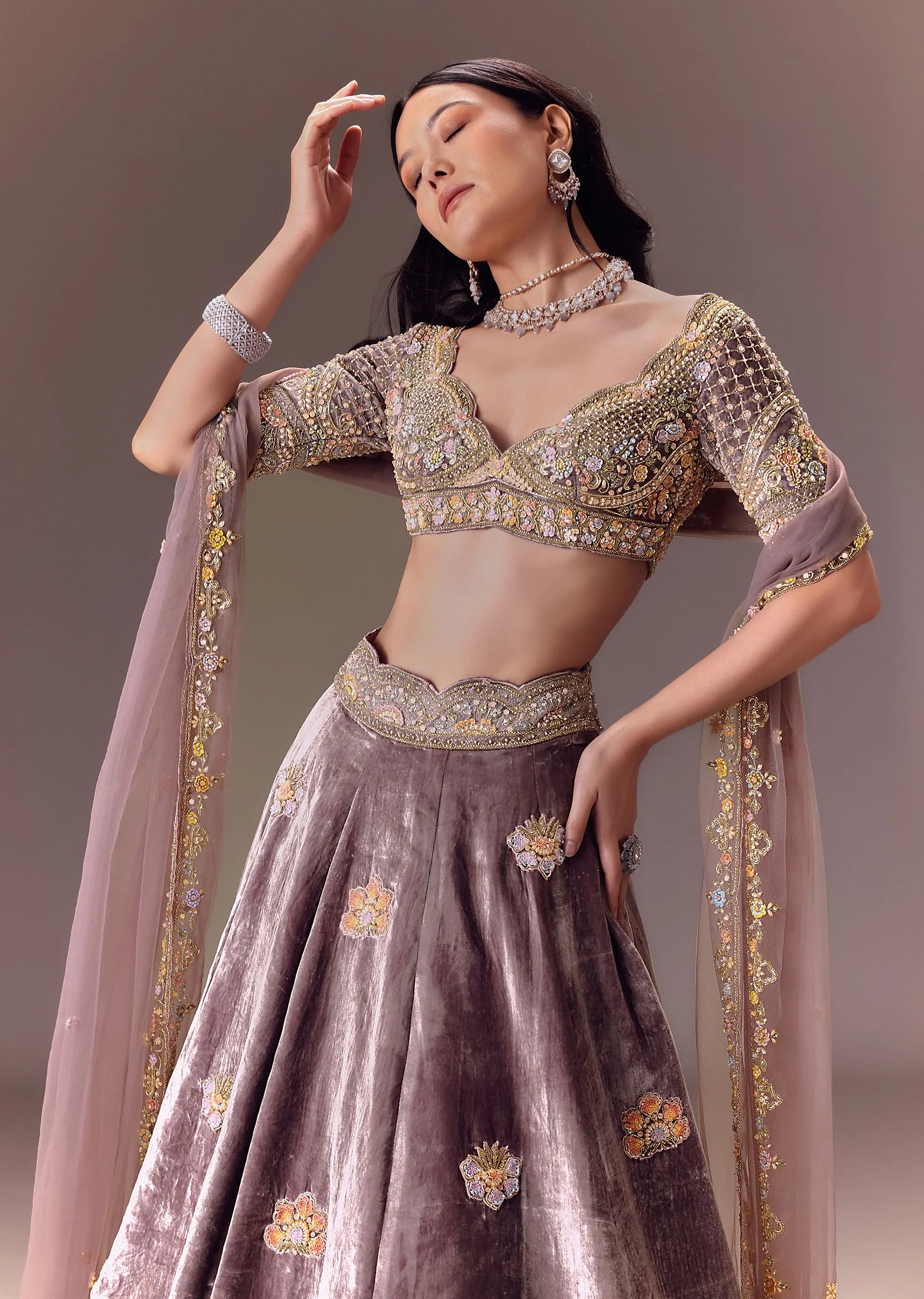 Purple Velvet Lehenga Set With Hand Work Patching - Image 2