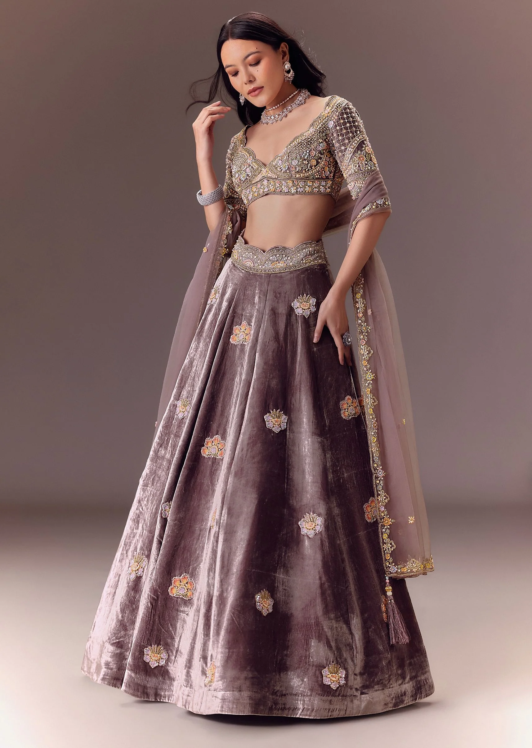 Purple Velvet Lehenga Set With Hand Work Patching - Image 3