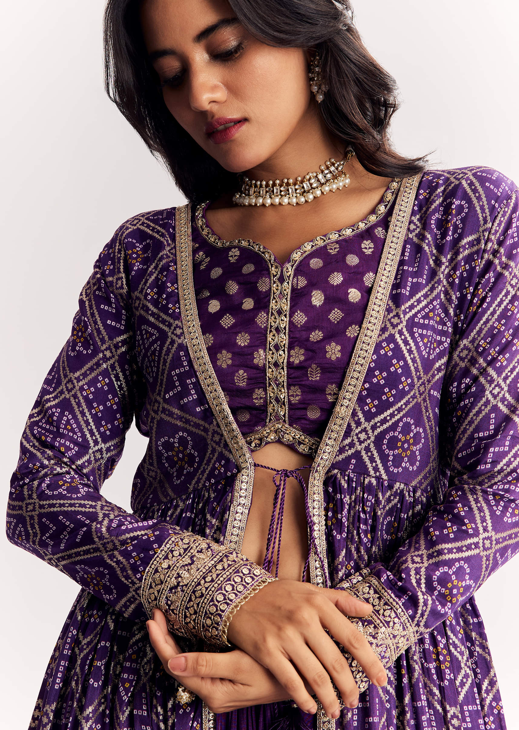 Purple Weave Silk Indowestern Set With Bandhani Print Zari Work Jacket - Image 3