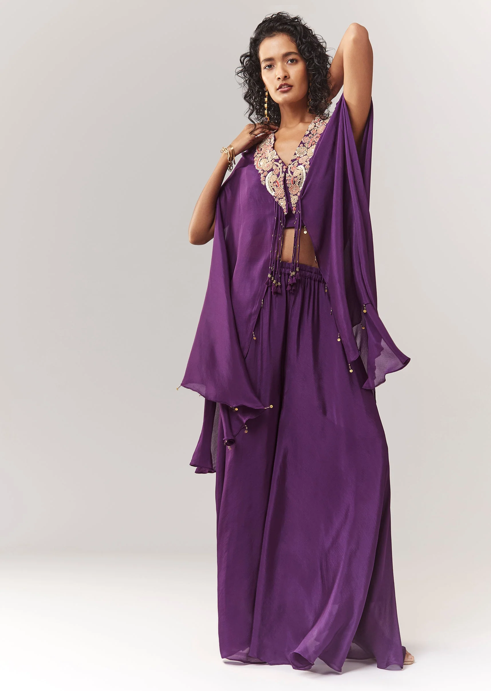 Purple Zardosi And Moti Cape Set With Palazzo - Image 3