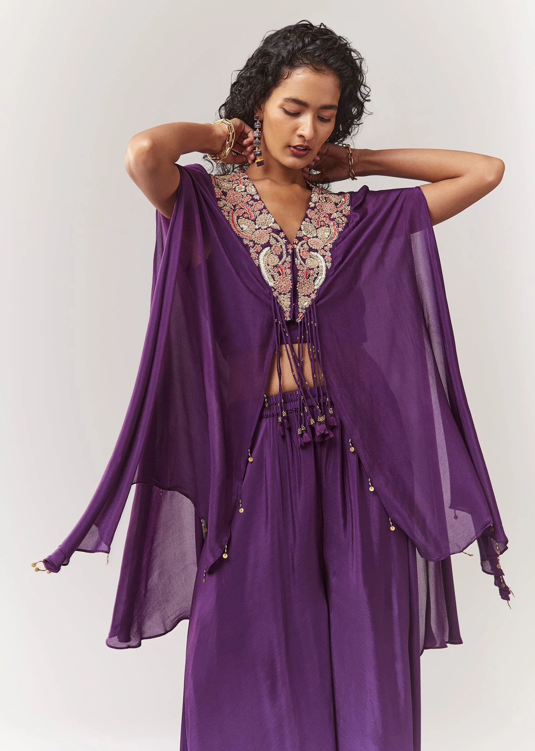 Purple Zardosi And Moti Cape Set With Palazzo - Image 4