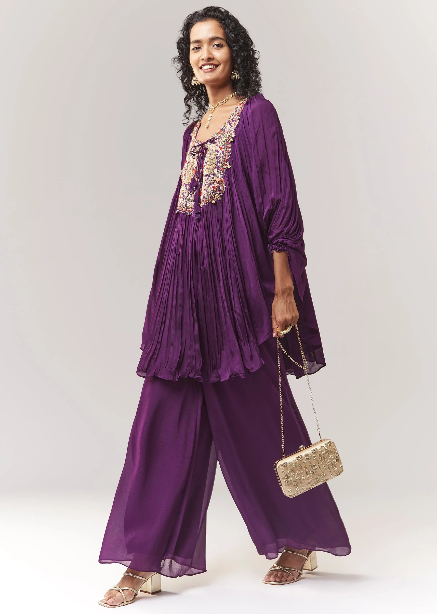 Purple Zardosi And Thread Work Cape Set With Palazzo - Image 3