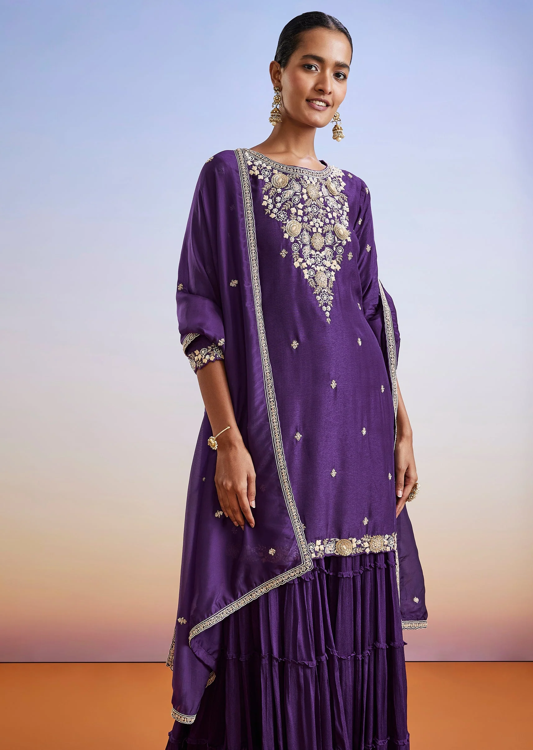 Purple Zardosi Embroidered Sharara Suit With Dupatta - Image 4