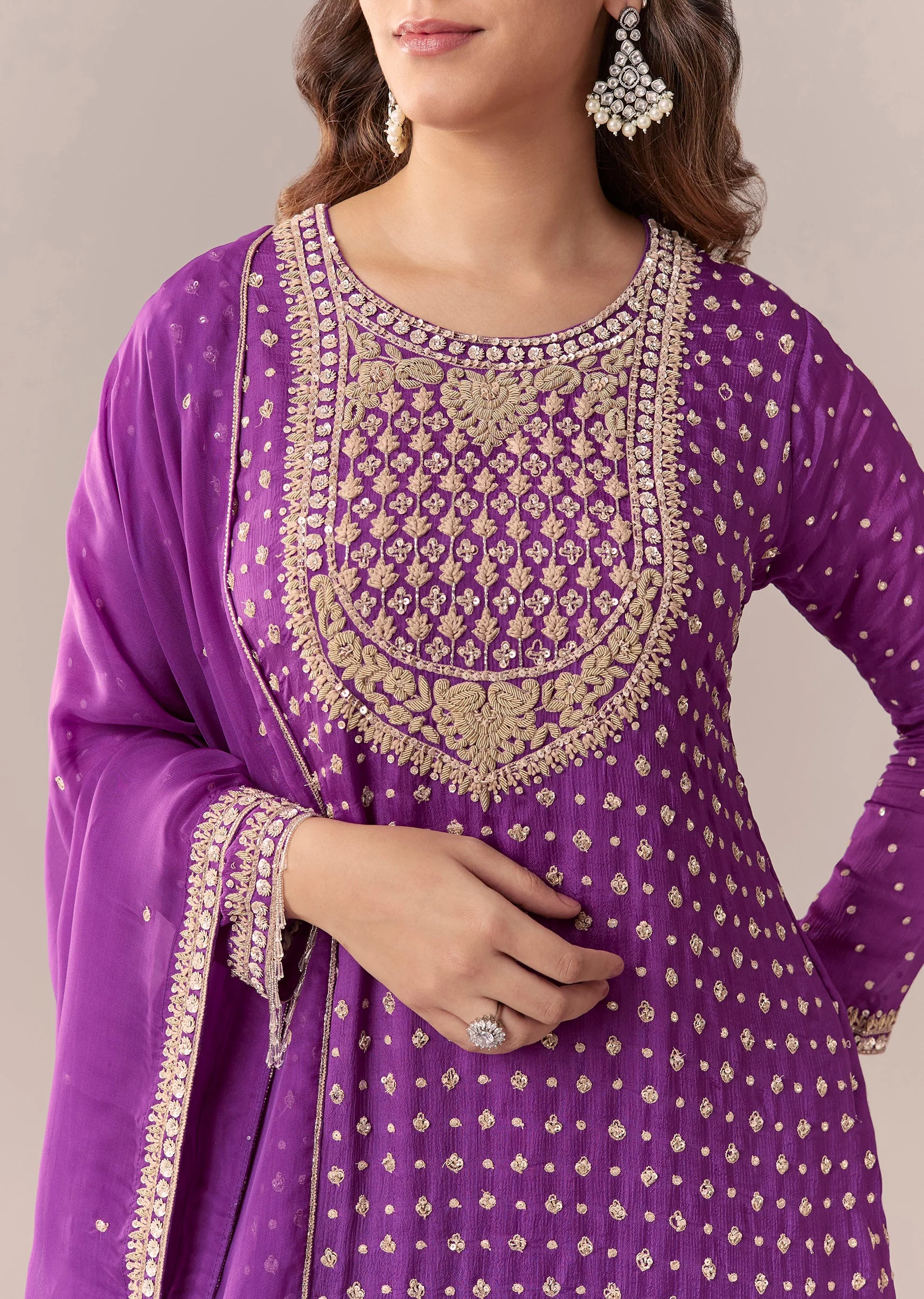 Purple Zardosi Palazzo Suit Set With Dupatta - Image 2