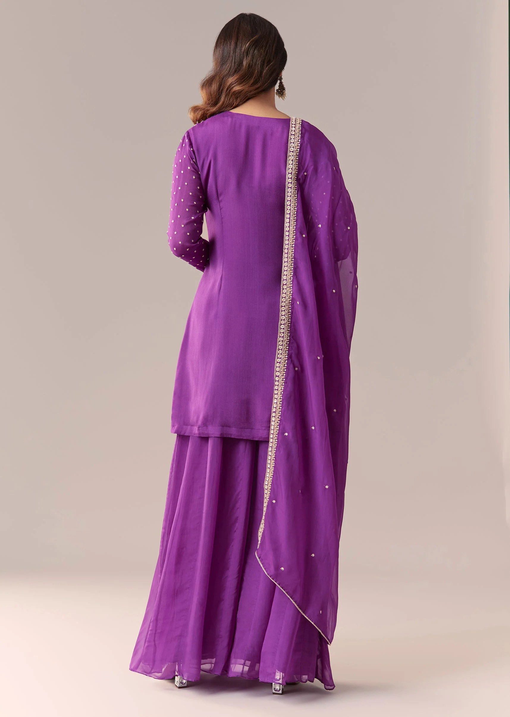 Purple Zardosi Palazzo Suit Set With Dupatta - Image 5