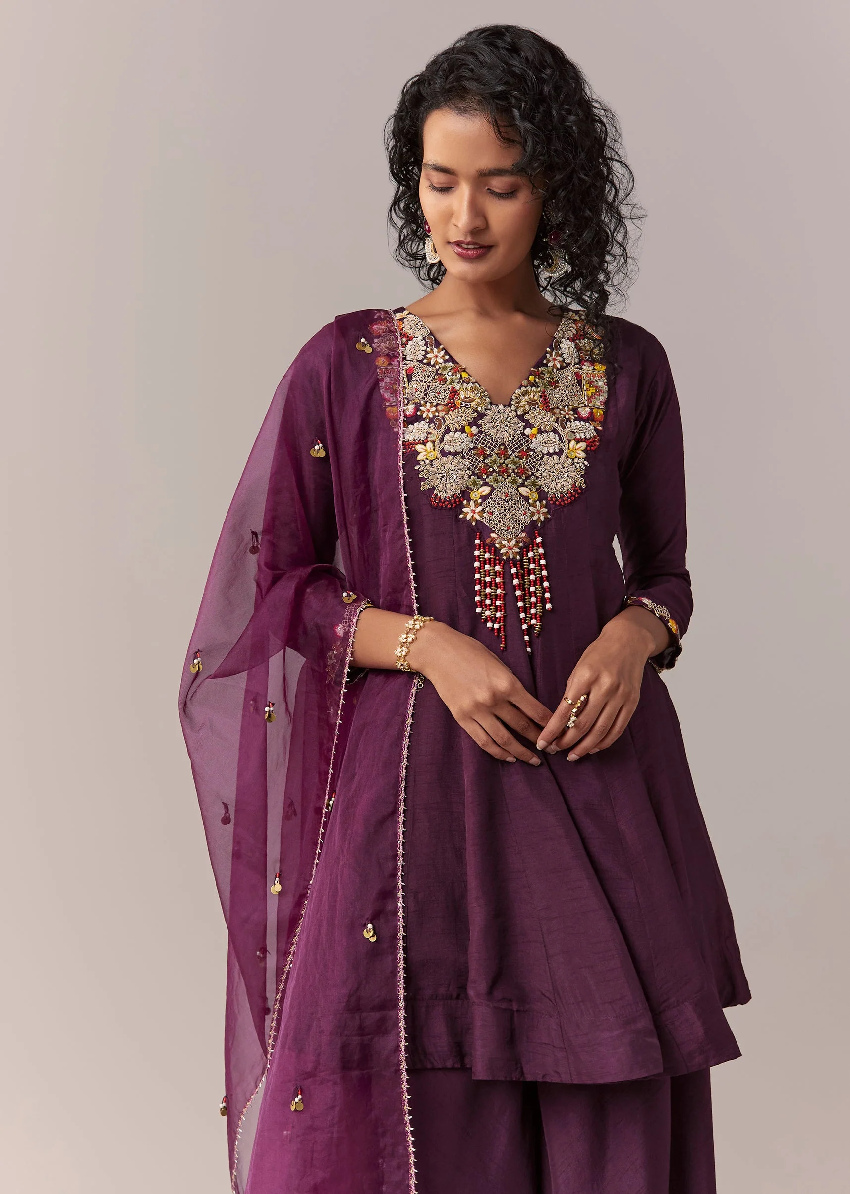 Purple Zardosi & Thread Palazzo Set With Dupatta - Image 4