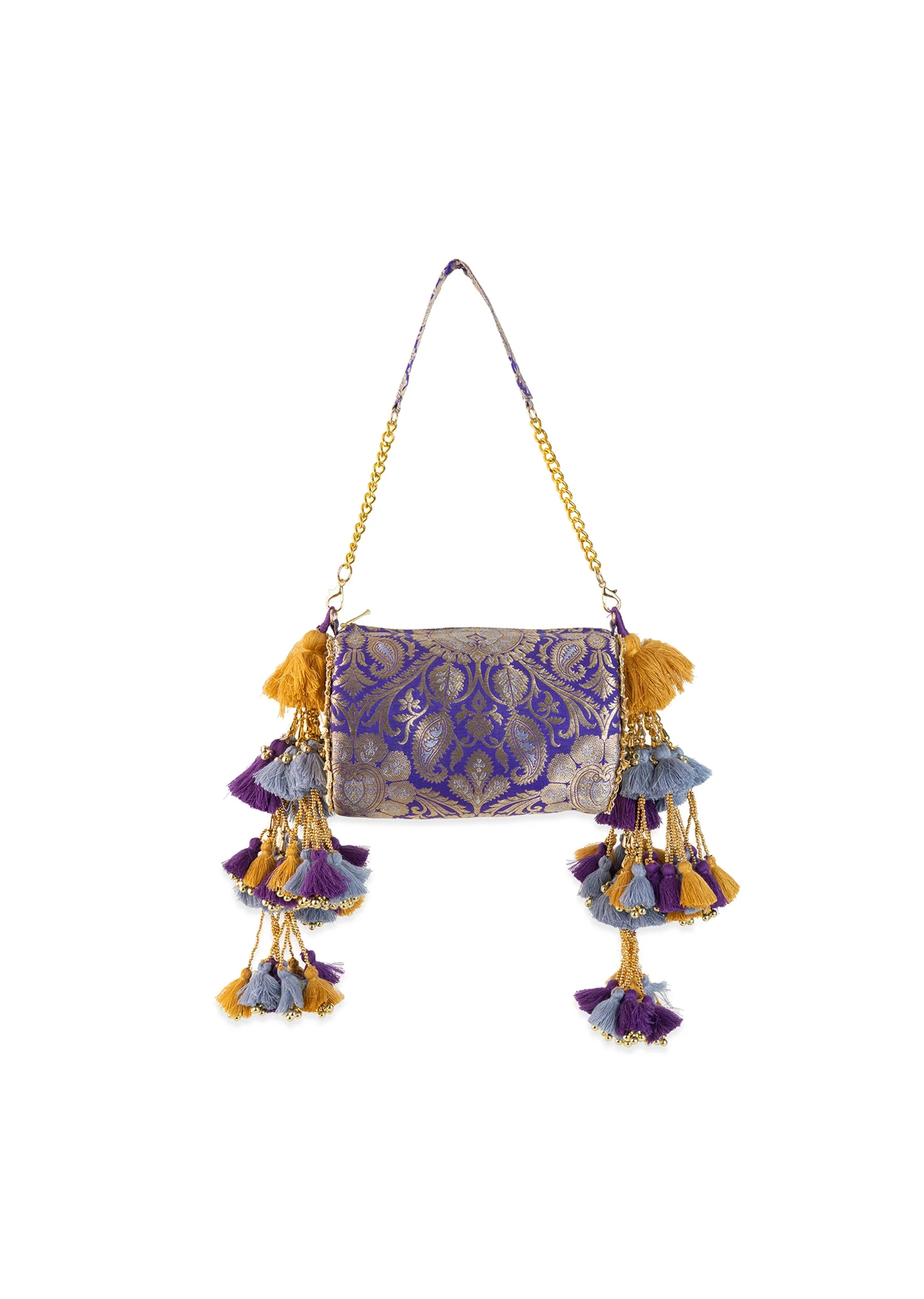 Purple Zari Embellished Brocade Kundan Bag with Tassel - Image 3
