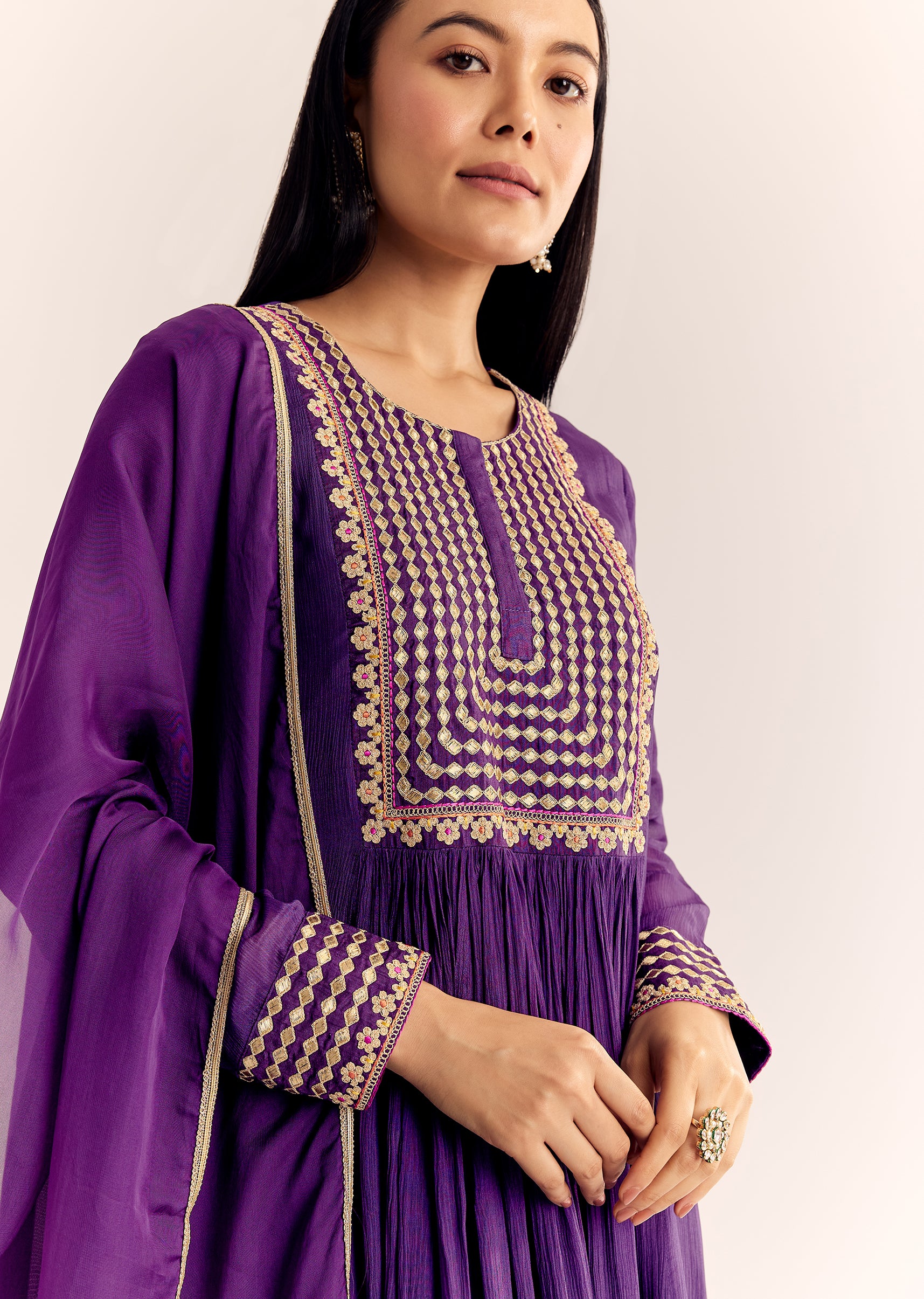 Purple Zari Neckline Chinon Anarkali Suit With Organza Dupatta - Image 2