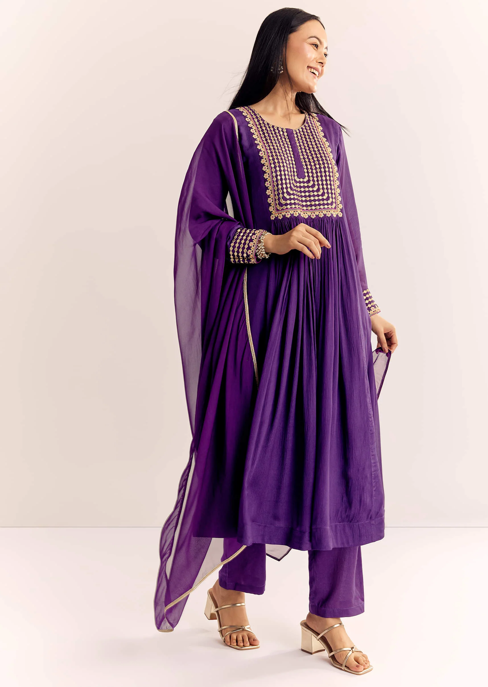 Purple Zari Neckline Chinon Anarkali Suit With Organza Dupatta - Image 3
