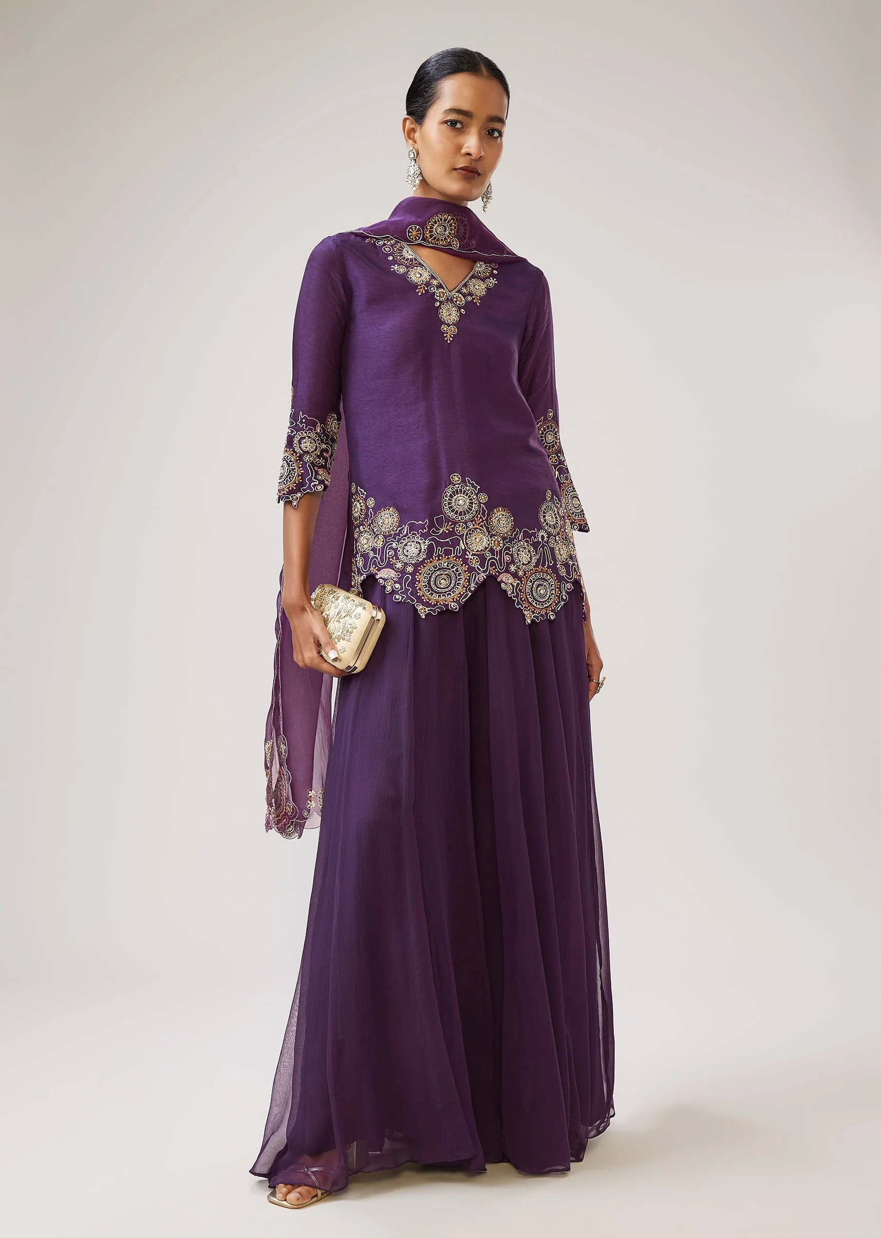 Purple Zari Resham Palazzo Set In Silk With Dupatta - Image 3