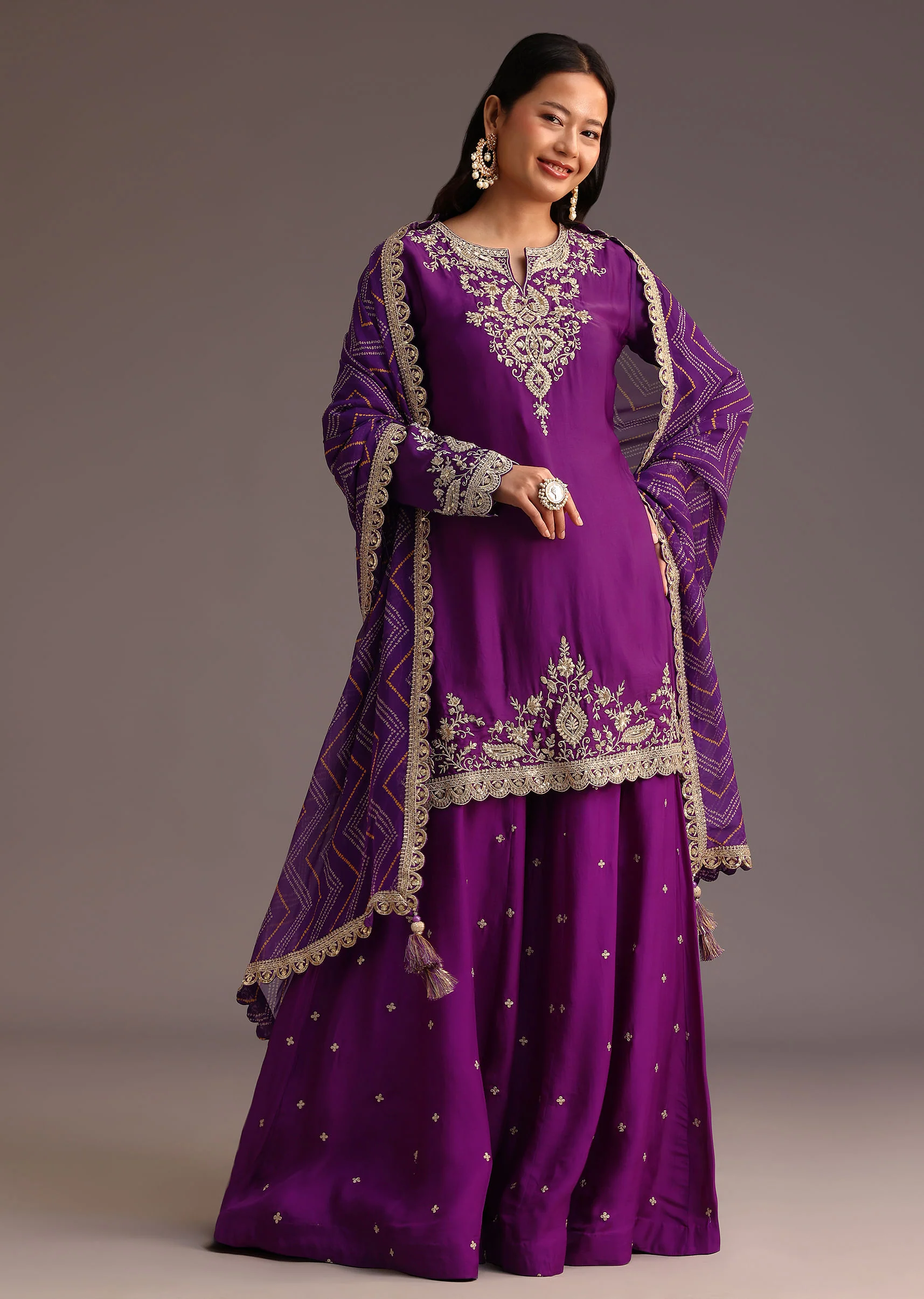 Purple Zari Work Palazzo Suit With Organza Dupatta - Image 3