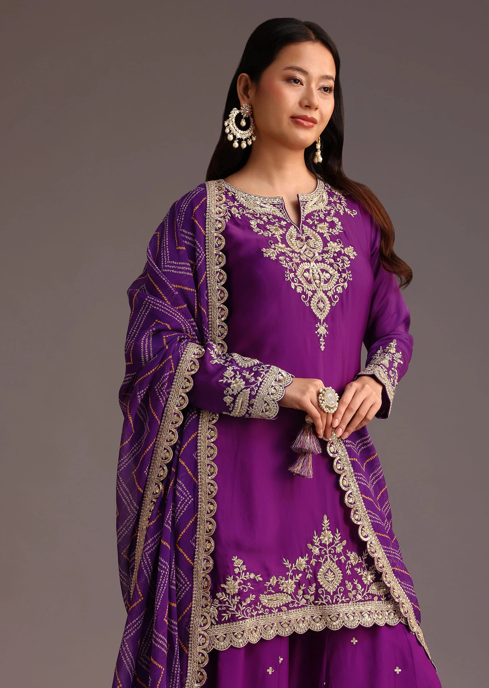 Purple Zari Work Palazzo Suit With Organza Dupatta - Image 5