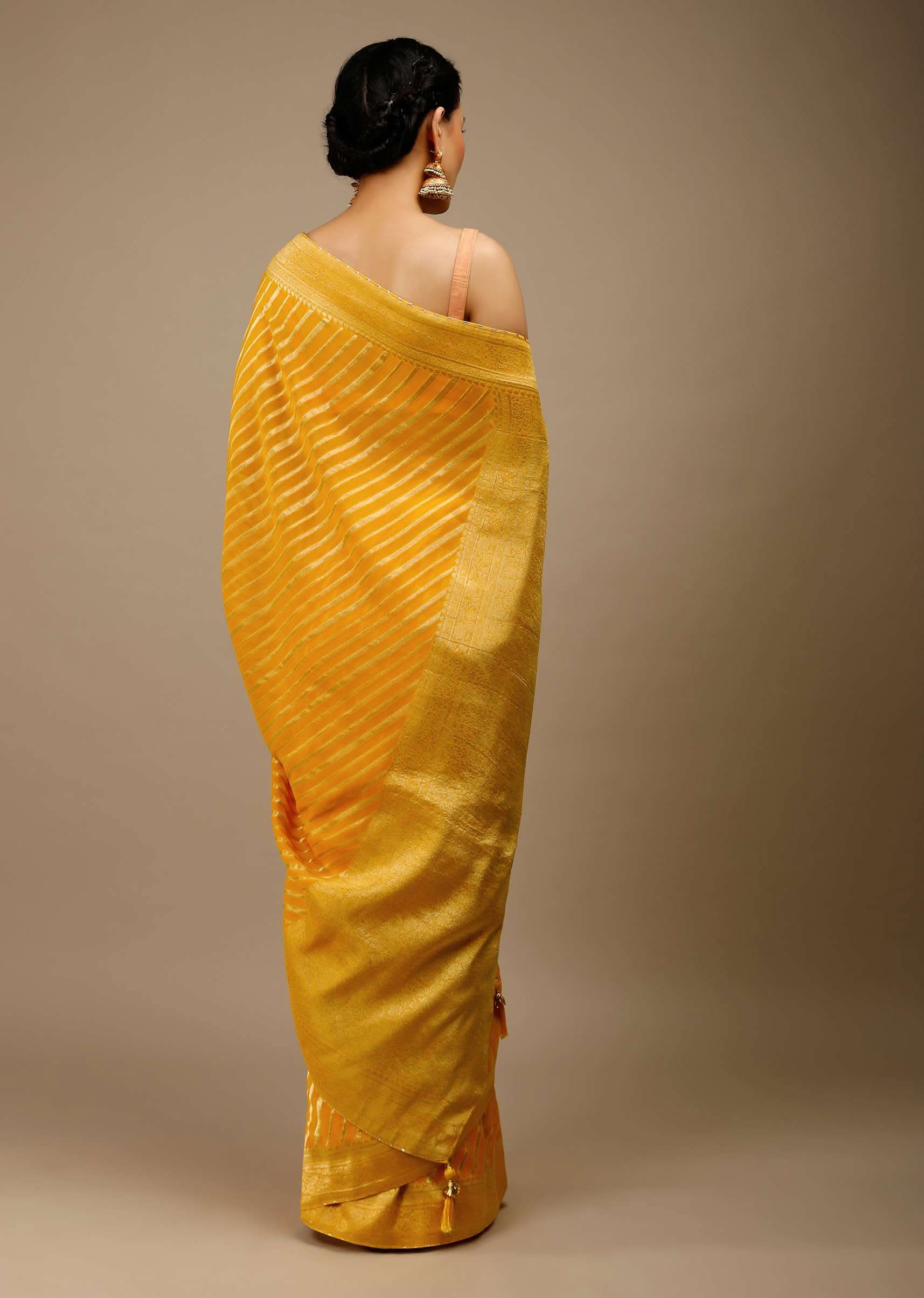 Radiant Yellow Saree In Georgette With Brocade Woven Diagonal Stripes And Floral Border - Image 6