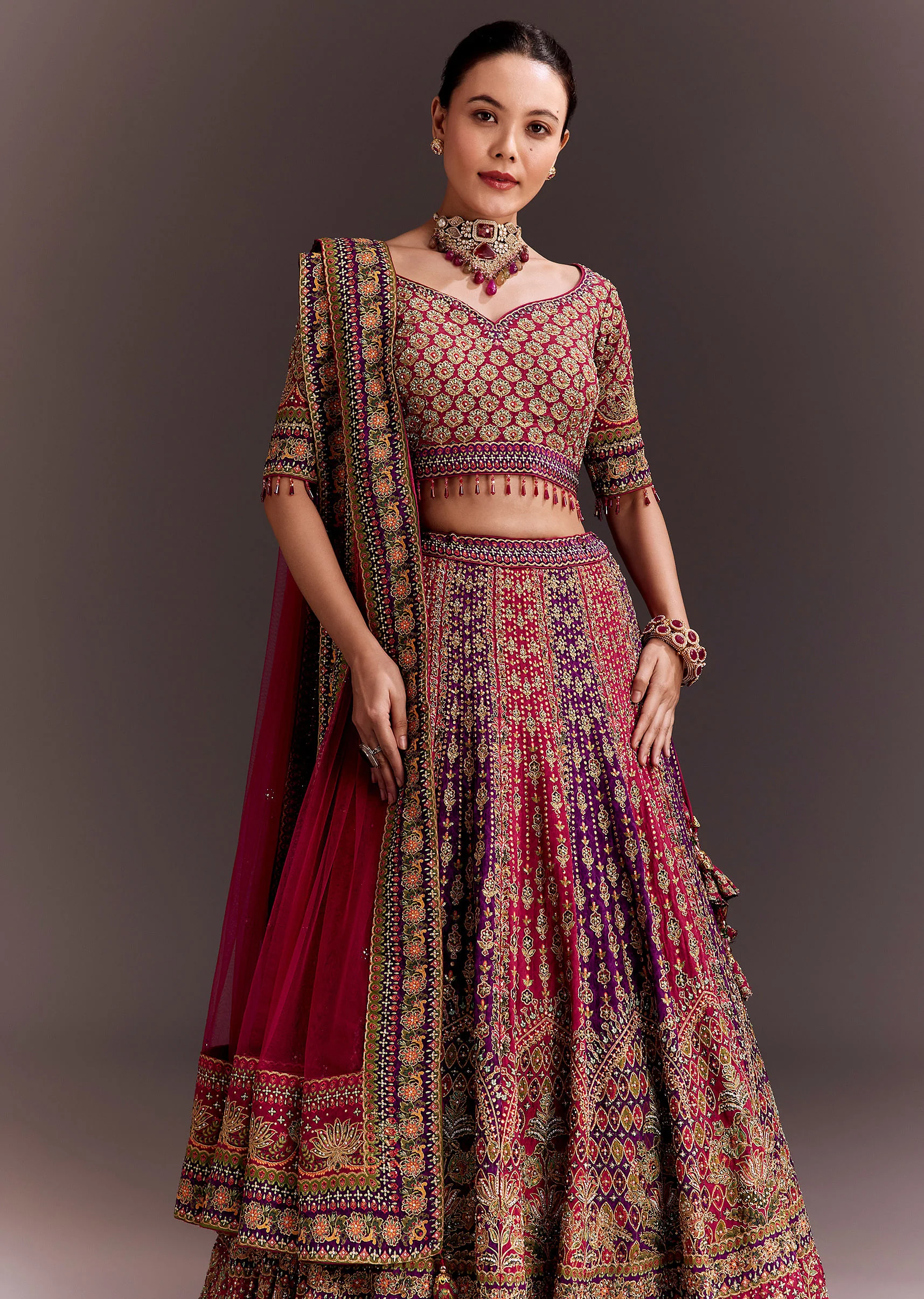 Rani Pink And Purple Zari Embellished Lehenga Set - Image 2