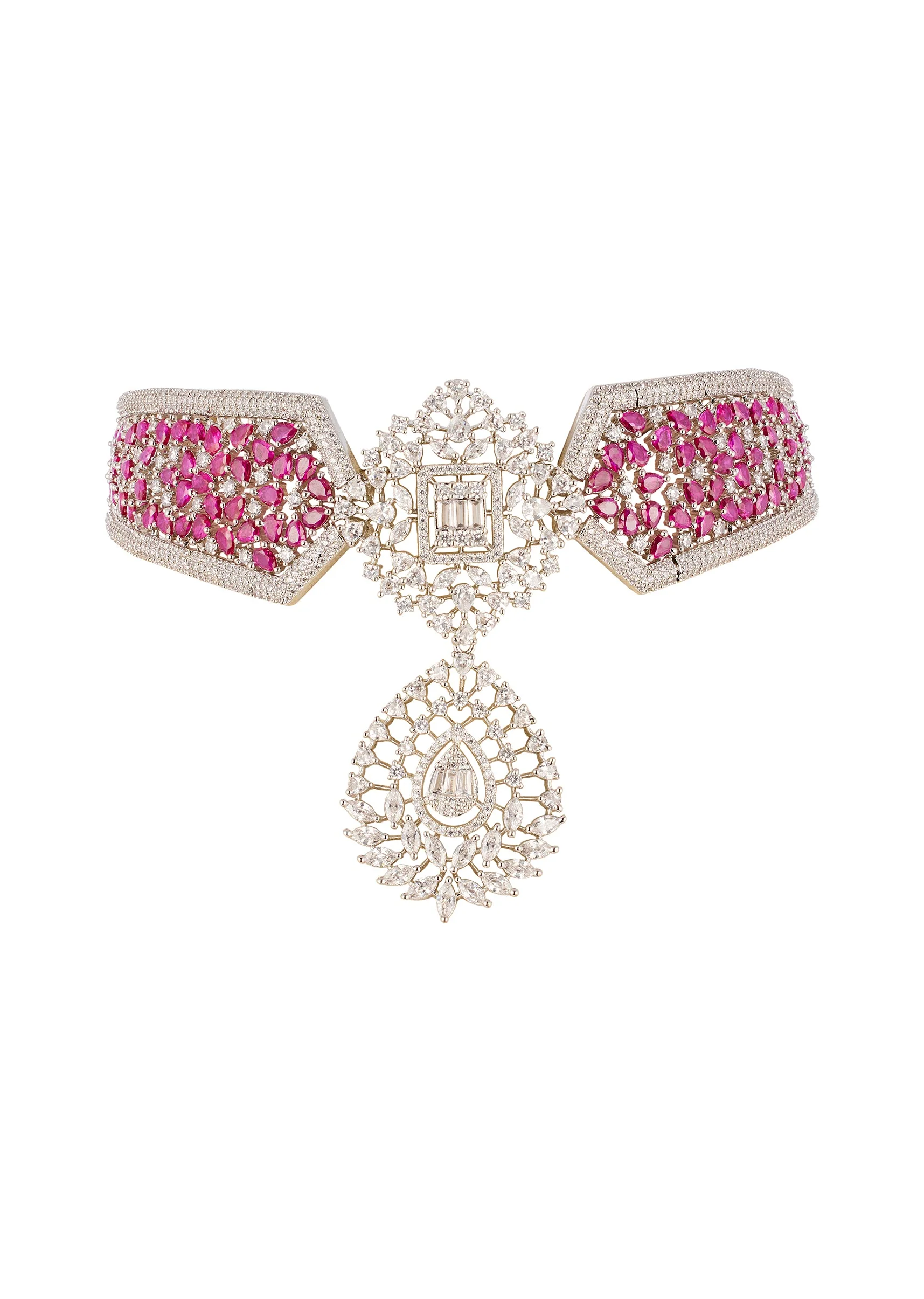 Rani Pink Anti Tarnish Finish Rhodium Plated Long Necklace Set In Brass with CZ Diamonds - Image 2