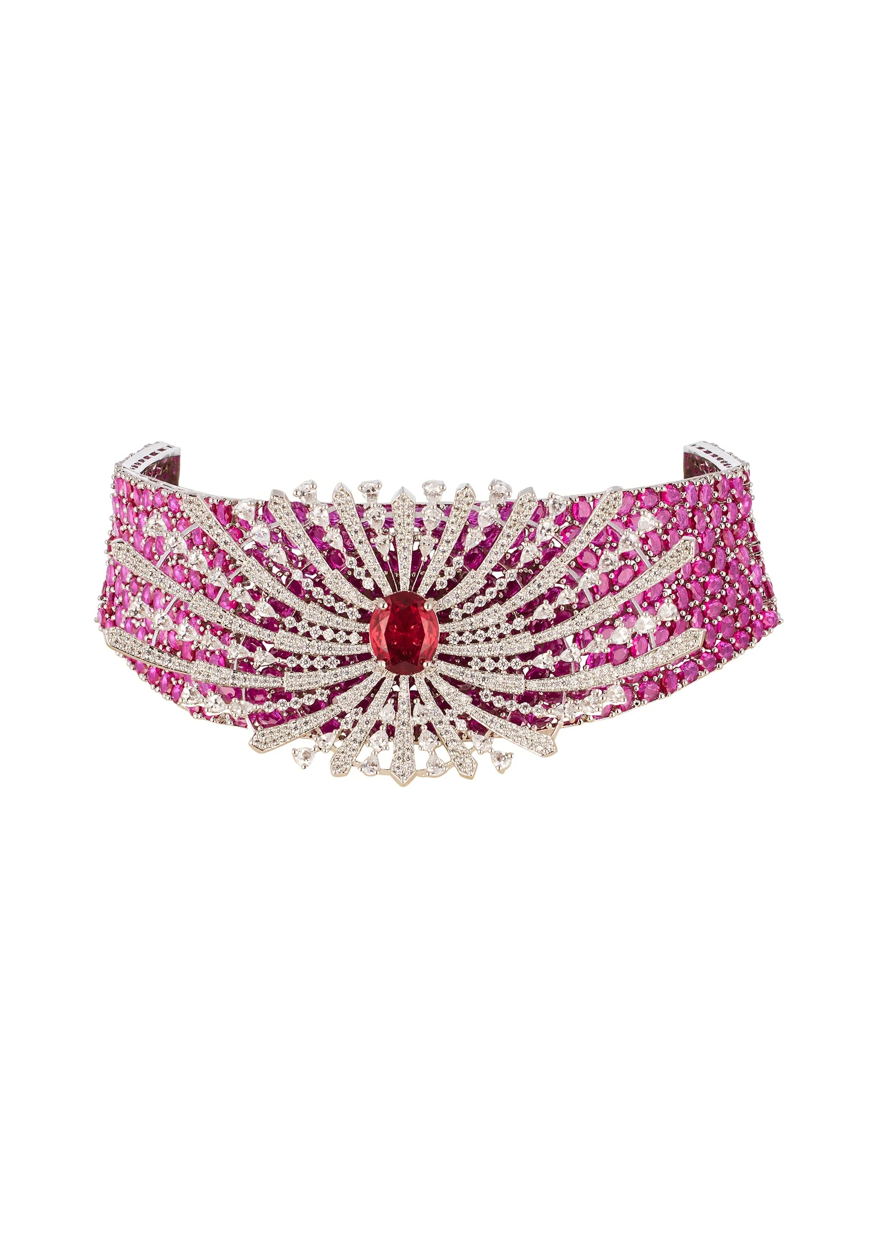 Rani Pink Anti Tarnish Rhodium Plated Brass Long Necklace Set with CZ Diamond and Gem Stones - Image 2