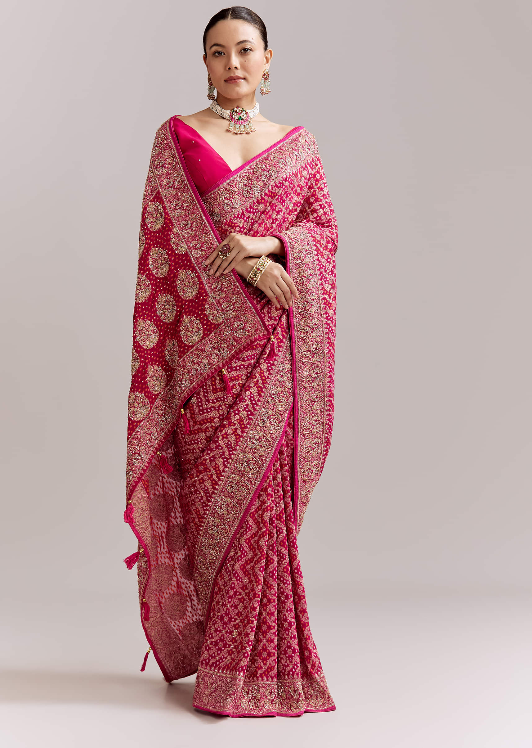 Rani Pink Banarasi Georgette Saree With Heavy Embroidery - Image 3