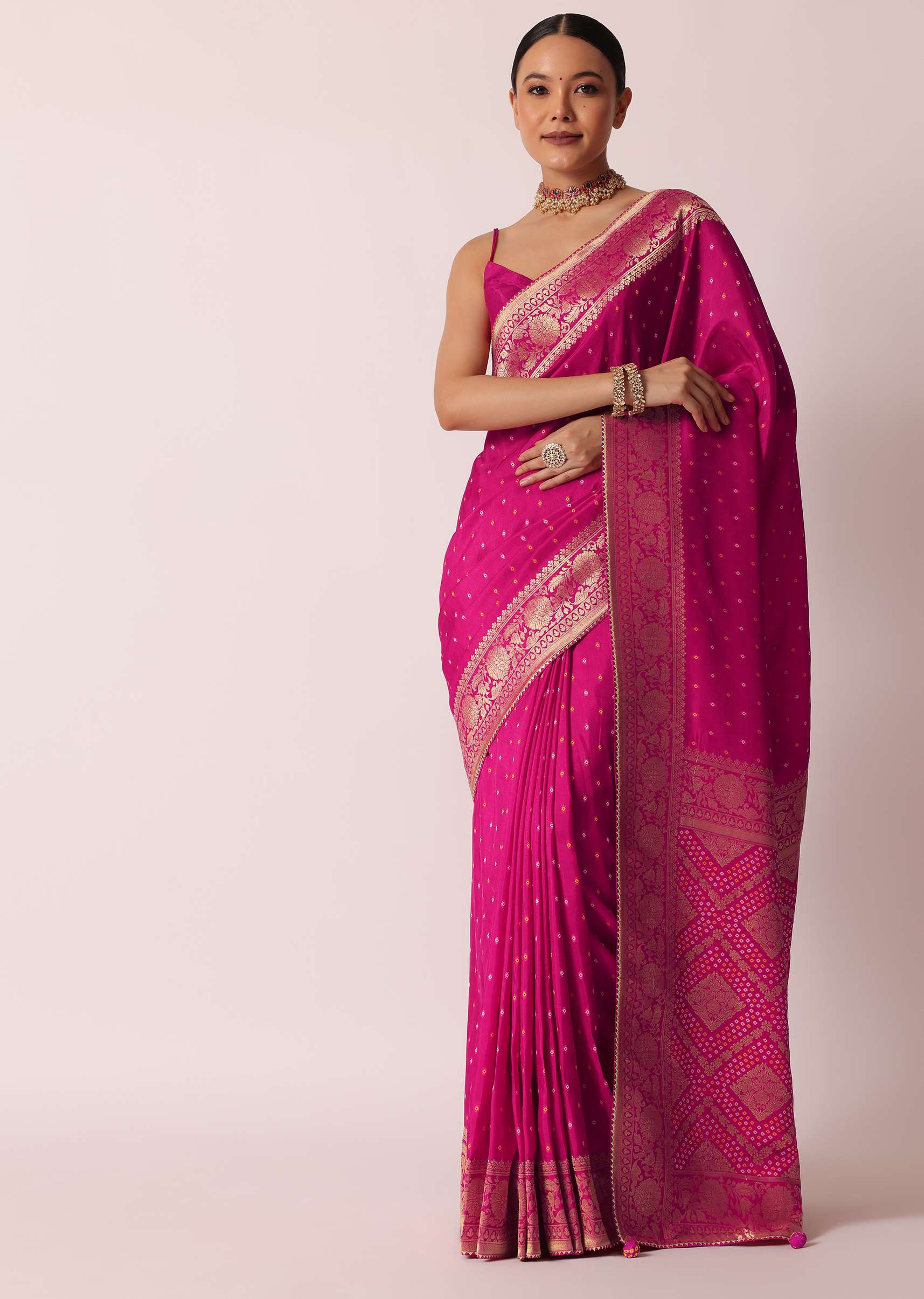 Rani Pink Banarasi Saree With Bandhani Buttis And Unstitched Blouse Piece - Image 3