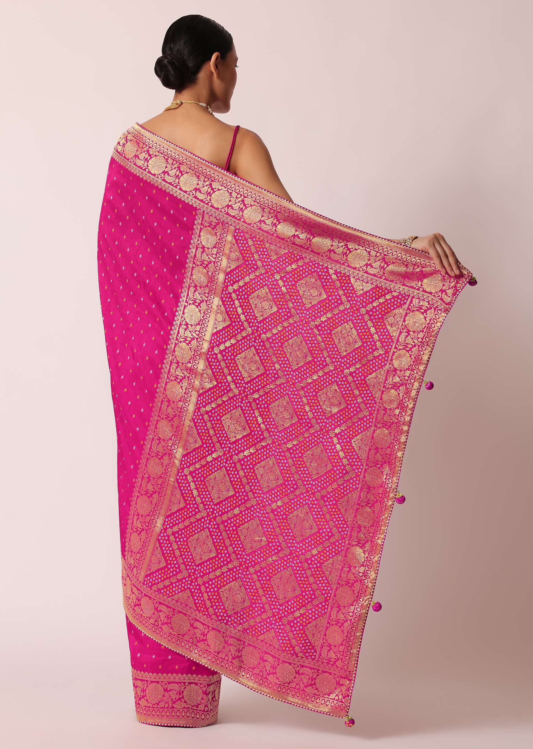 Rani Pink Banarasi Saree With Bandhani Buttis And Unstitched Blouse Piece - Image 6