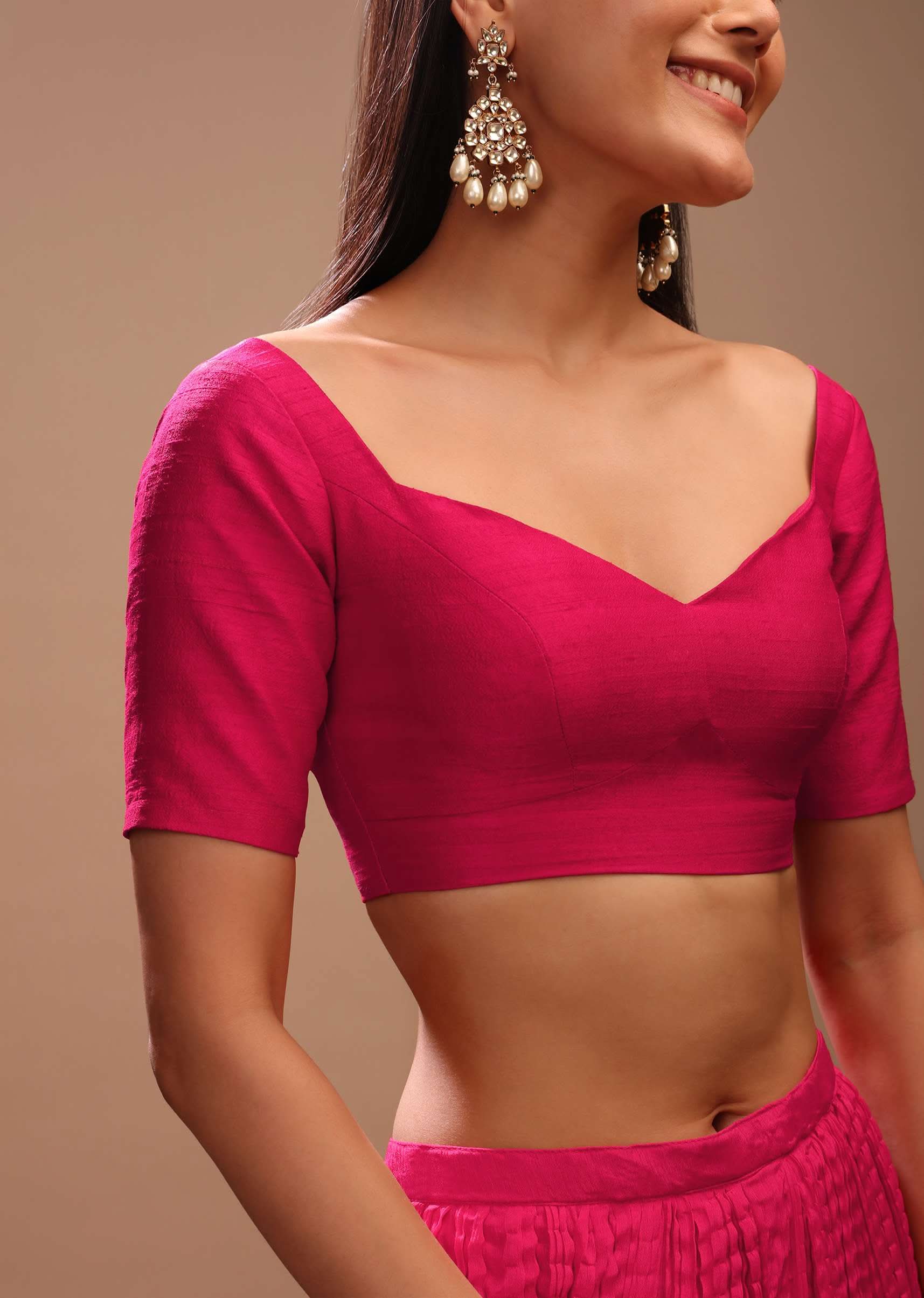 Rani Pink Blouse In Raw Silk With Half Sleeves And Sweetheart Neckline - Image 4