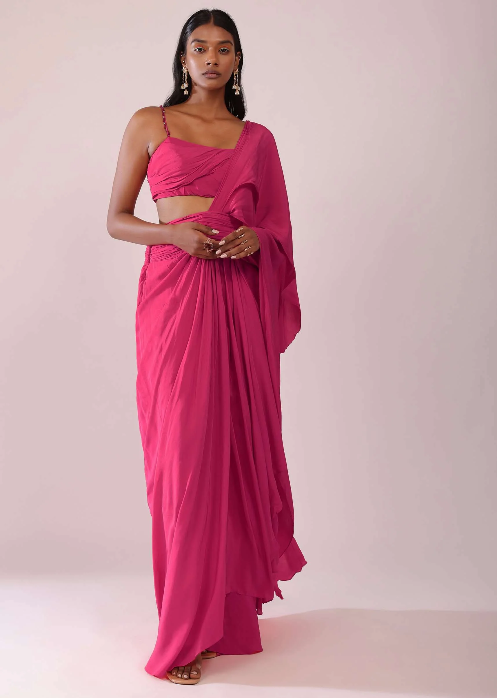 Rani Pink Crepe Drape Saree And Blouse With Crystal Detailing On the Strap - Image 4